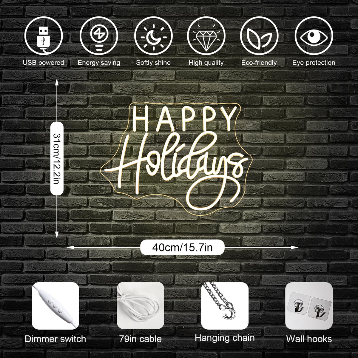 Horseneon Happy Holidays Neon Sign Merry Christmas Neon Signs for Wall Decor Christmas Tree Neon Light LED Sign with USB Powered for Party, Windows, Home Decor, Bedroom, Living room Warm