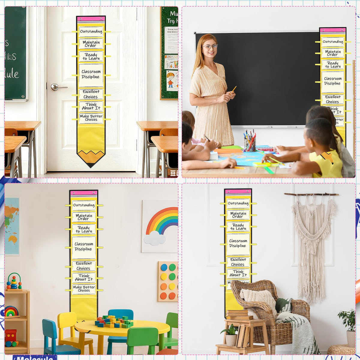 Student Behavior Chart for Classroom Management Pencil Shape Kids Track Reward Incentive Chart Hanging Creative Bulletin Board with 40 Clips for Home Preschool Daycare Back to School Teacher Supplies