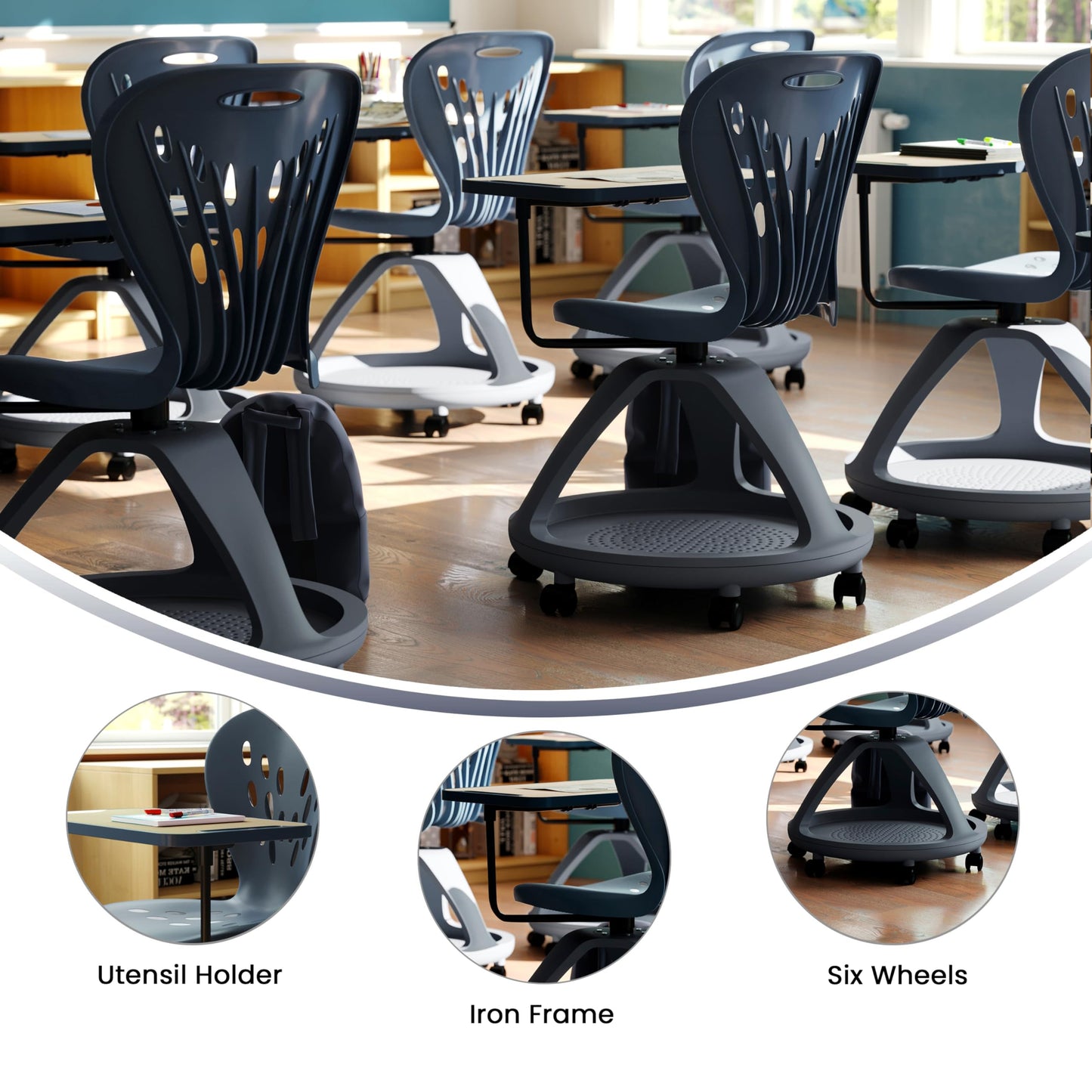Flash Furniture Laikyn Dark Gray Mobile Desk Chair with 360 Degree Tablet Rotation and Under Seat Storage Cubby