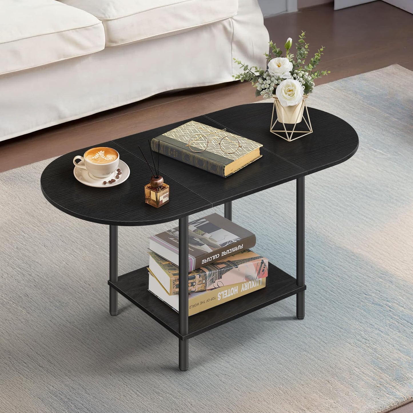 KANEODOT Black Coffee Tables for Living Room,Mid Century Oval Small Center Table with Storage Shelf and Wood Tabletop,2-Tier Farmhouse Low Cocktail Tea Table for Small Space,Apartment
