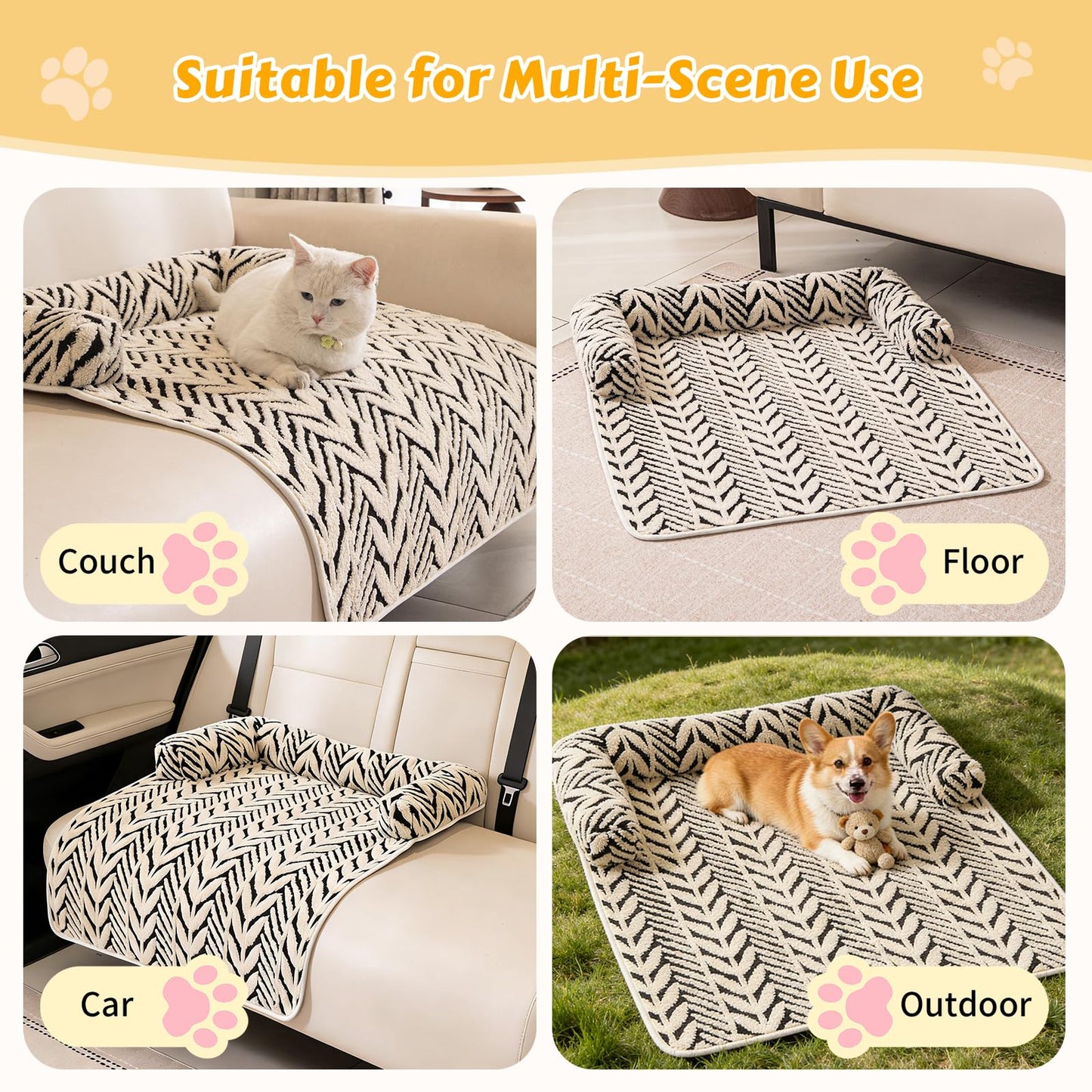 Calming Dog Bed Mats with Neck & Head Support, Soft Flannel Pet Couch Bed for Small and Medium Dogs & Cats, Pet Washable Couch Covers for Sofa