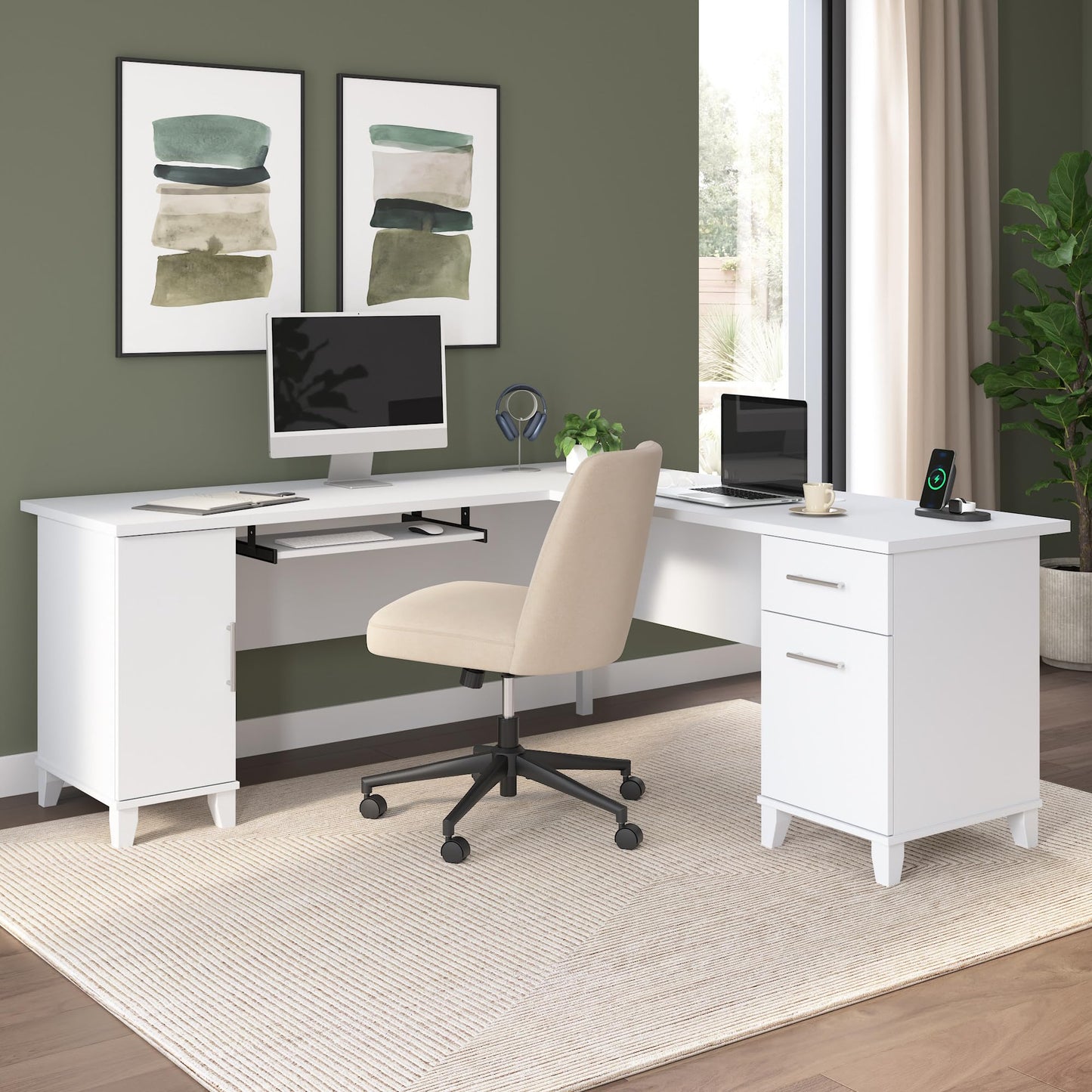 Bush Home 72-Inch L-Shaped Desk with Storage, Corner Computer Office Desk with File and Box Drawers, Home Office Workstation with Storage Cabinet, Somerset Collection, White