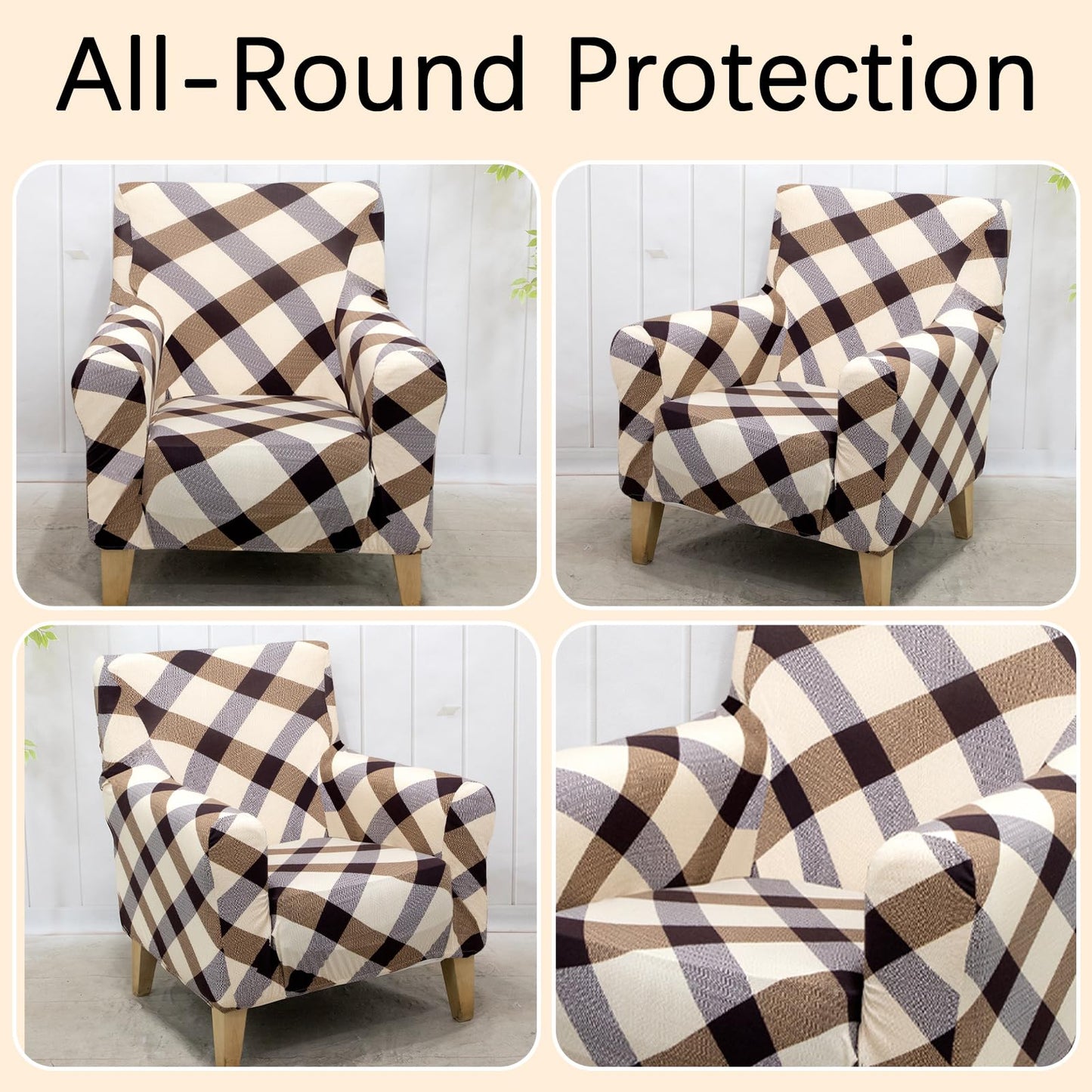 Adigau Printed Arm Chair Covers Stretch Armchair Slipcover Washable Furniture Protector Single Seat Couch Chair Cover for Living Room All-Season(Beige Plaid)