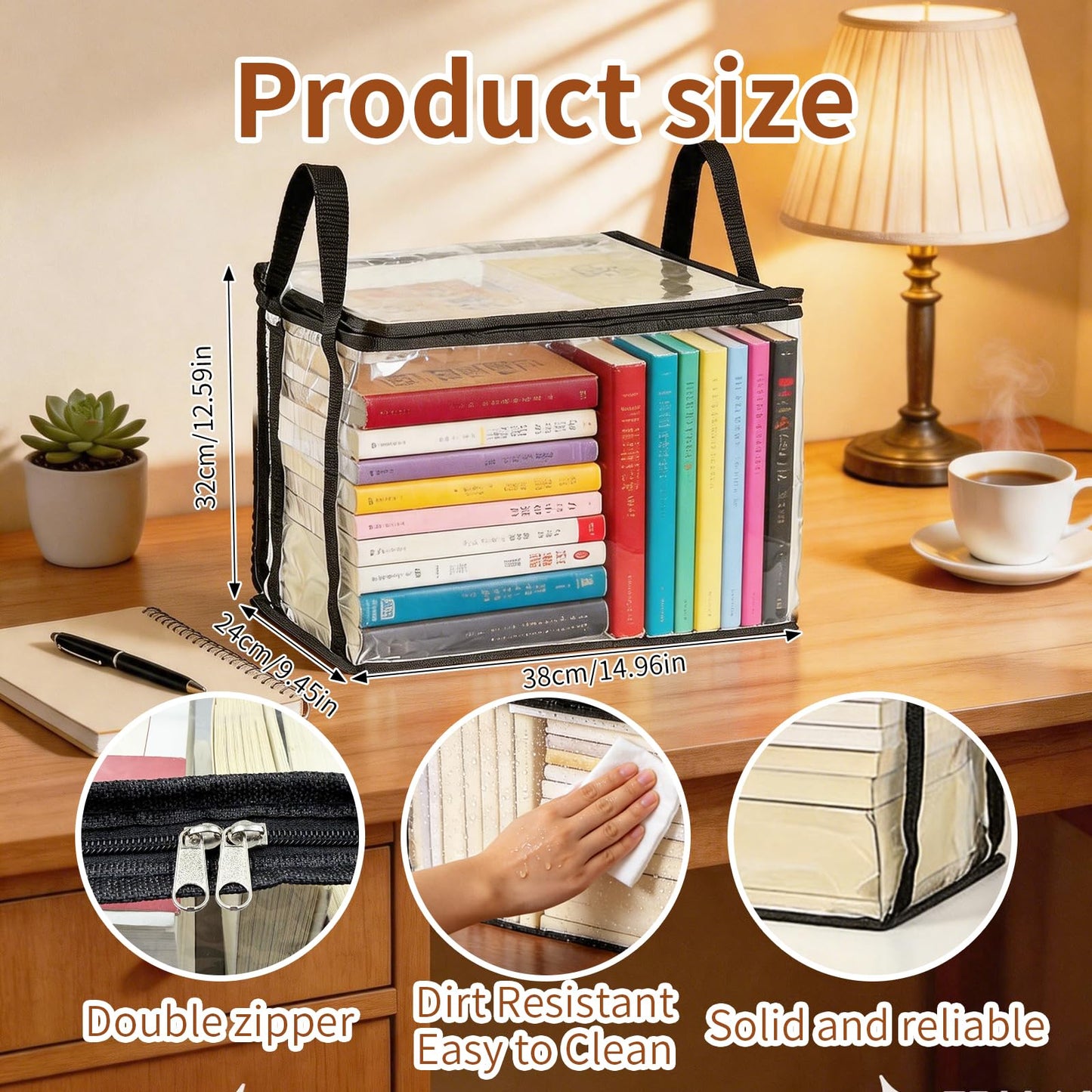 2PCS Clear Book Storage Bag, Waterproof Zippered Comic Books Organizer Collapsible Book Display Case with Lid and Reinforced Handle for Book DVD Blu Ray Disc Clothing 38x24x32cm/15x9x13inches