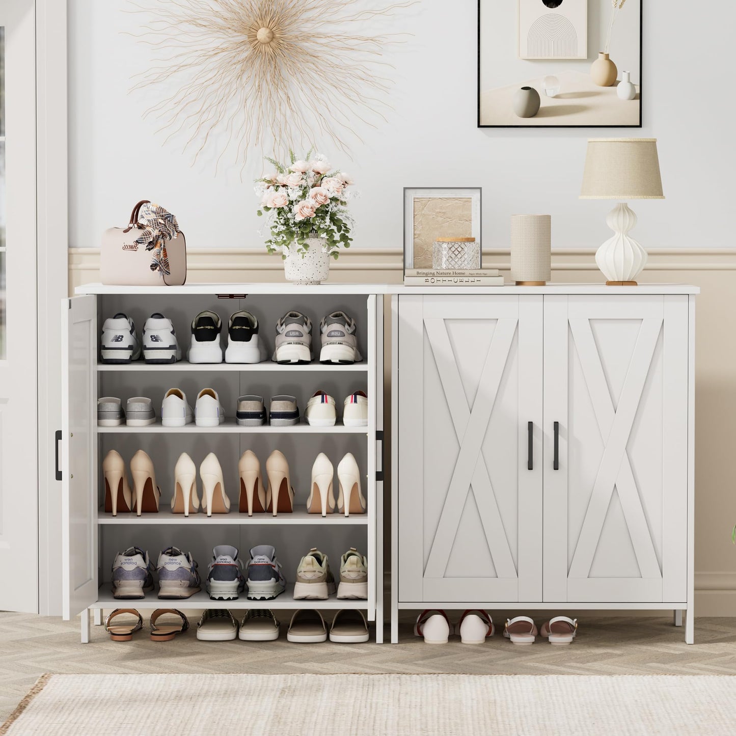 Homleke Farmhouse Shoe Cabinet with 2 Barn Doors & Wood Legs, 5-Tier Shoe Storage Cabinet with 3 Adjustable Shelves, Tall Shoe Rack Organizer for Closet, Shoe Organizer for Entryway, Hallway, White