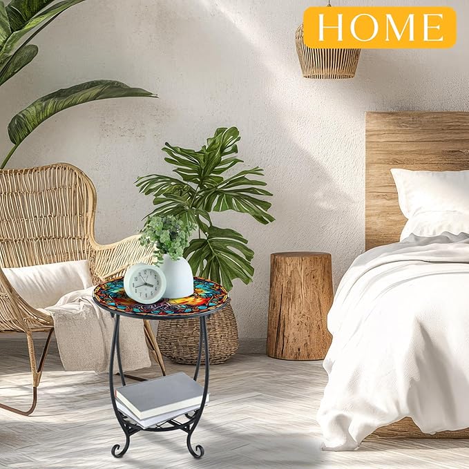 Cinnvoice Outdoor Side Table Round Small Mosaic Patio Accent Indoor End Plant