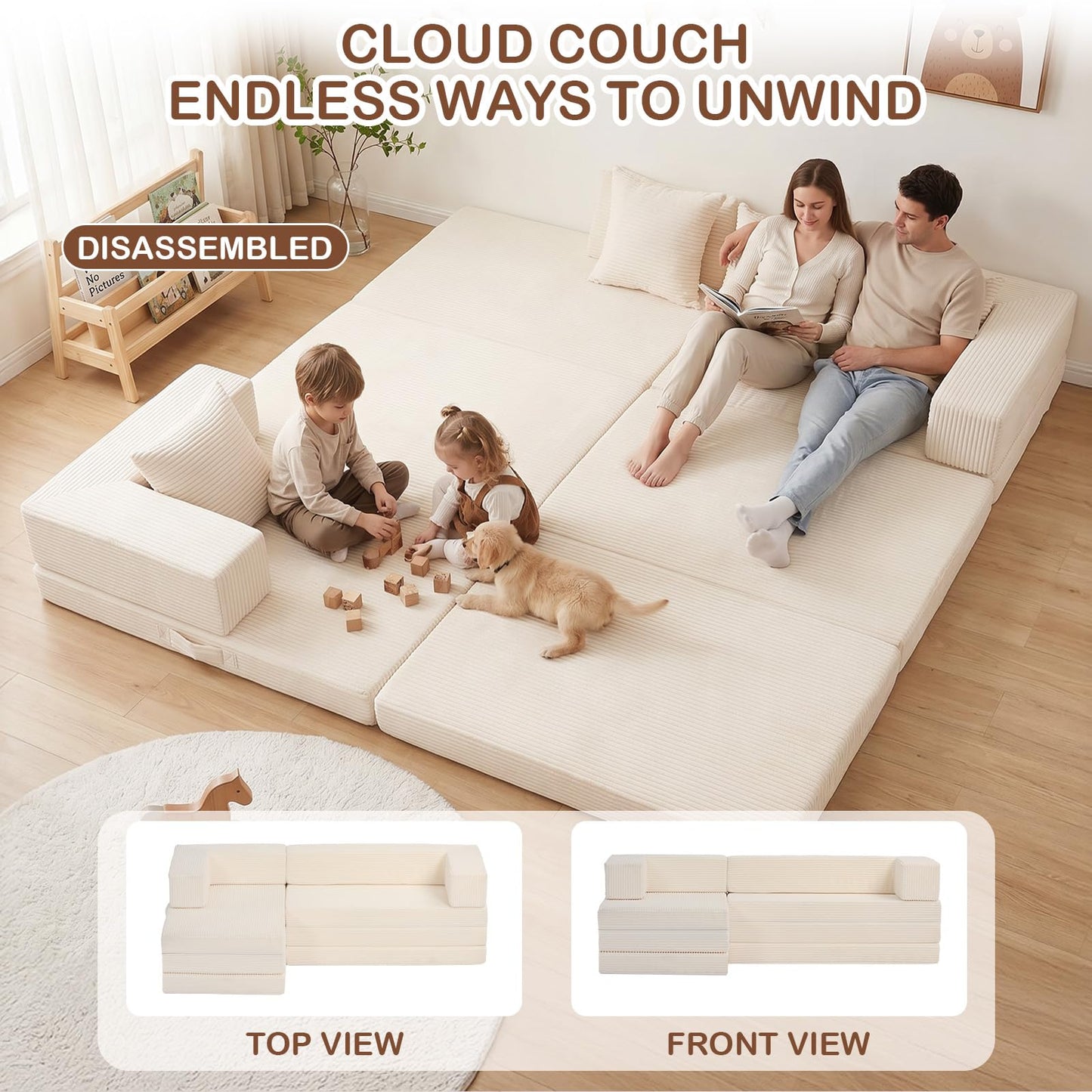 65" L Shaped Couch for Small Spaces, No Assembly Cloud Sectional Sofa with Deep Seat, Left Facing Chaise, 4-in-1 Modular 3 Seater Corduroy Couch for Apartment, Beige