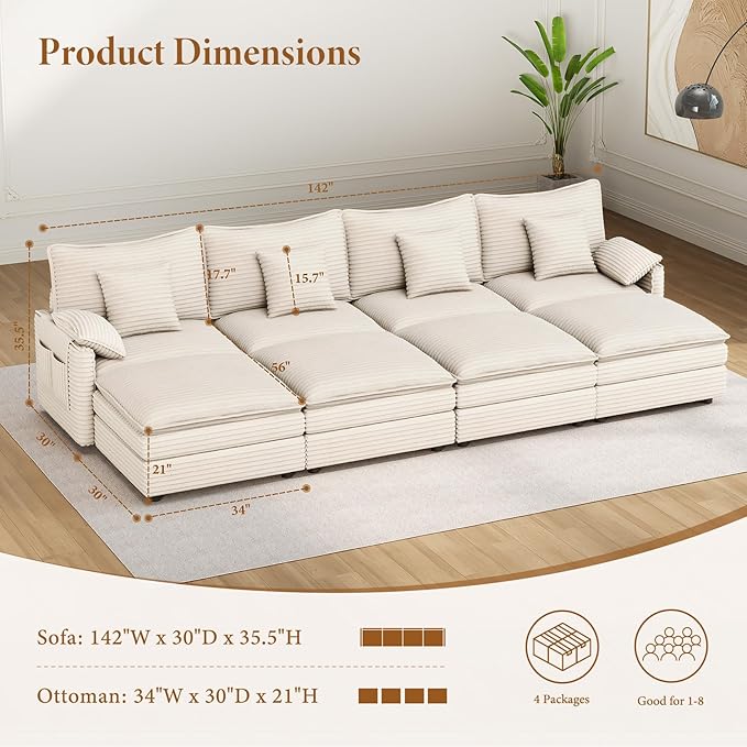 Vesgantti 142" Oversized Sectional Sofa Bed, 8-Seater Modular Sleeper Cloud