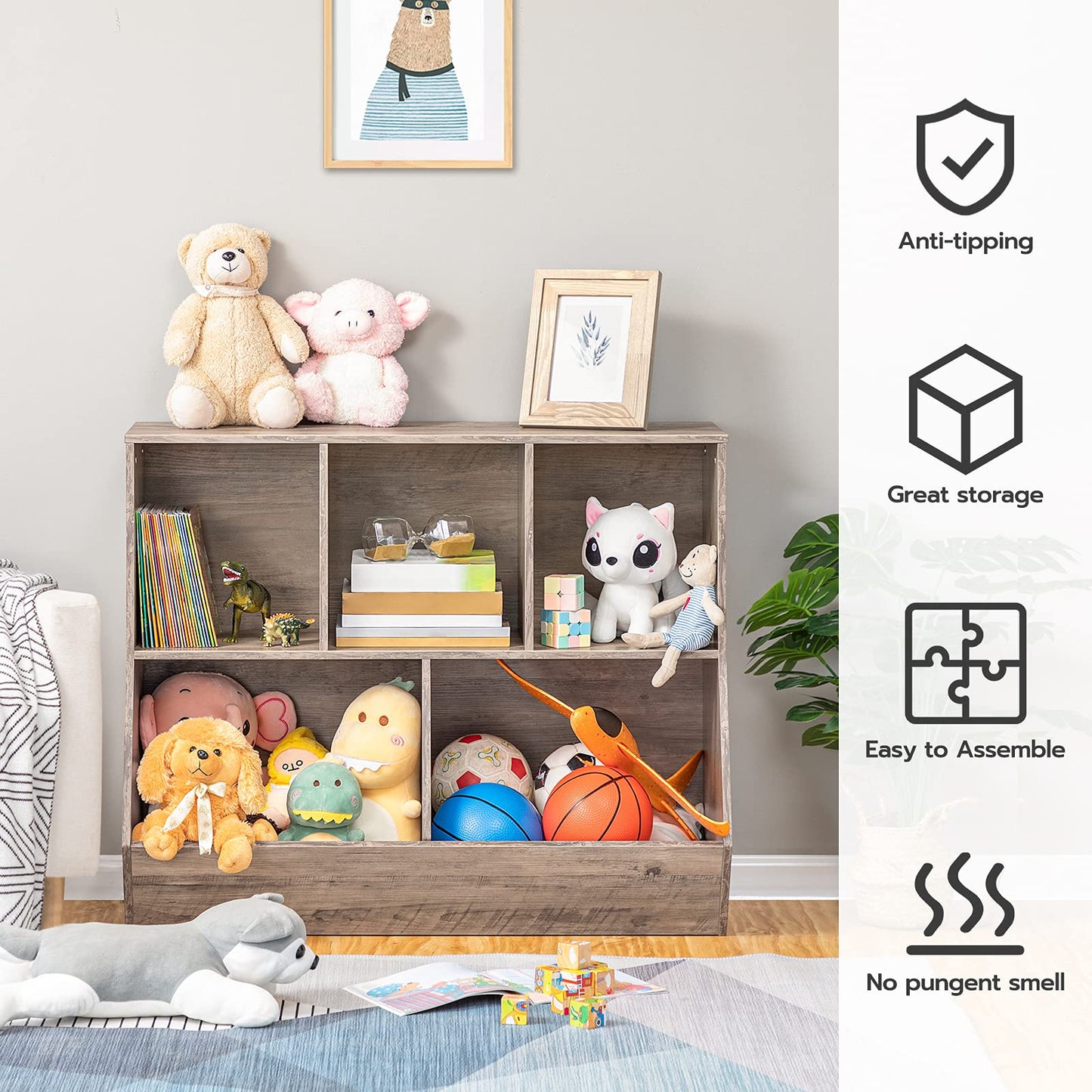 HOOBRO Kids Bookshelf, Bookcase Footboard, Toy Storage Cubby, Children's Toy Shelf, 35.4" L Toy Storage Cabinet, Fit for Children's Room, Playroom, Hallway, Kindergarten, Greige BG32CW01
