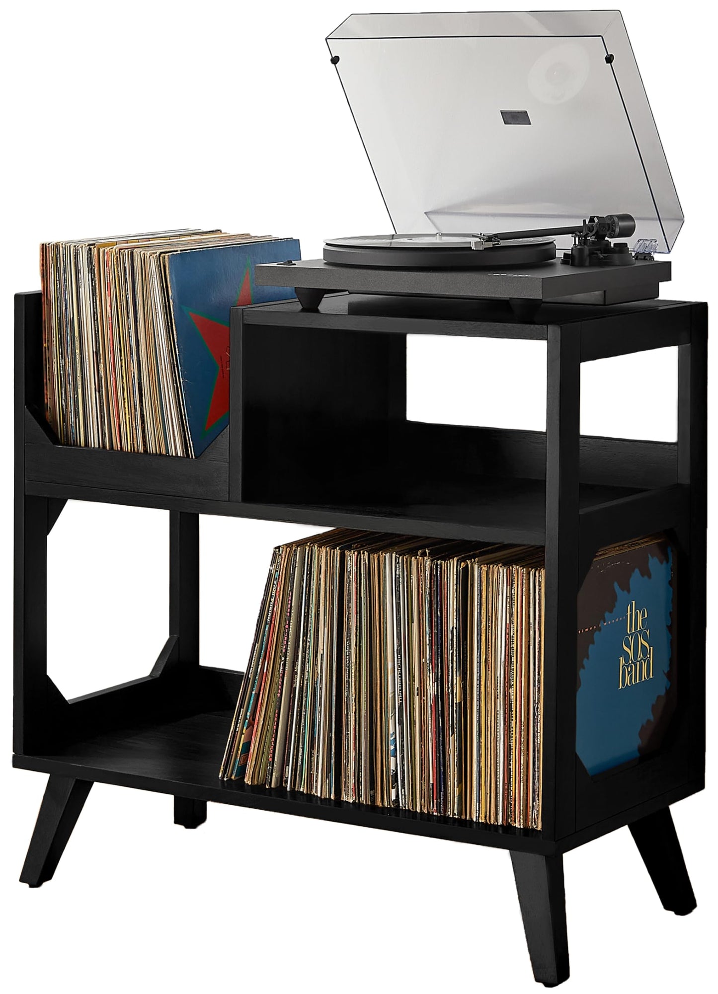 Crosley Furniture Asheville Mid-Century Modern Media Console Record Player Stand, Storage for Vinyl Records, Medium, Black
