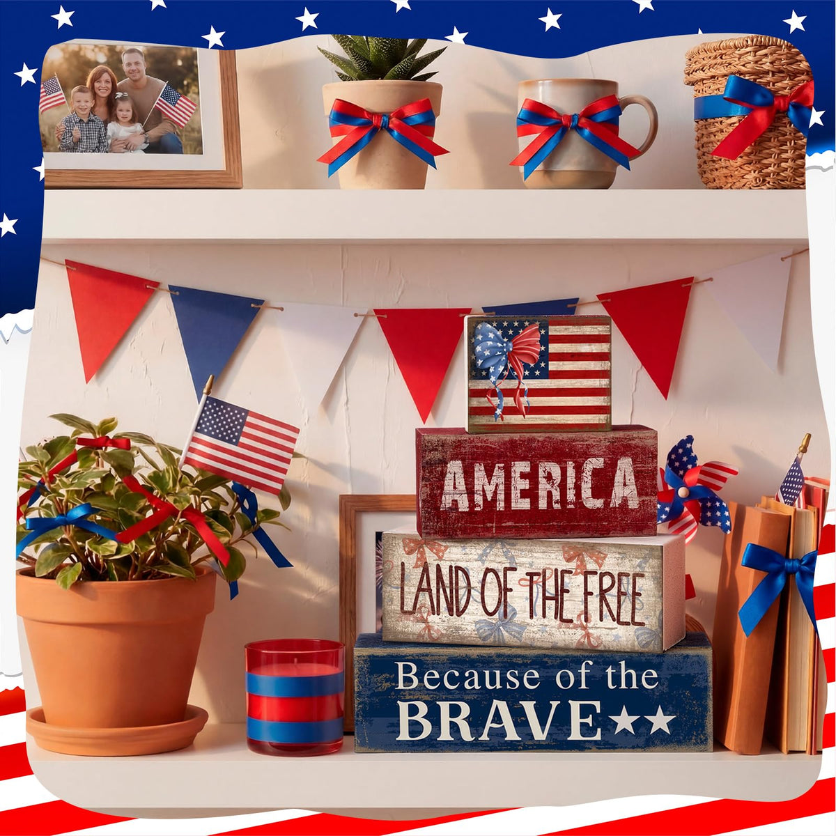 CroBlissful 4 Pcs 4th of July Decorations Patriotic Memorial Day Tabletop Decoration Red White Blue Table Centerpieces 250th Anniversary Wooden Fourth of July Sign for Office Tiered Tray Home Shelf