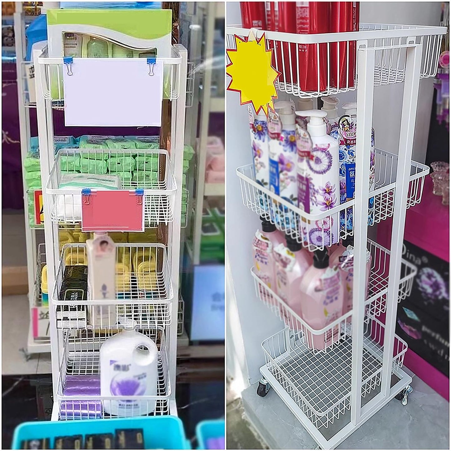 3/4/5 Layer Snack Organizer for Pantry Shelf, Freestanding Mobile Chip Candy Snack Fruit Vegetable Display Rack with Tiltable Basket, Kitchen/Pantry/Office Wire Storage Cart (