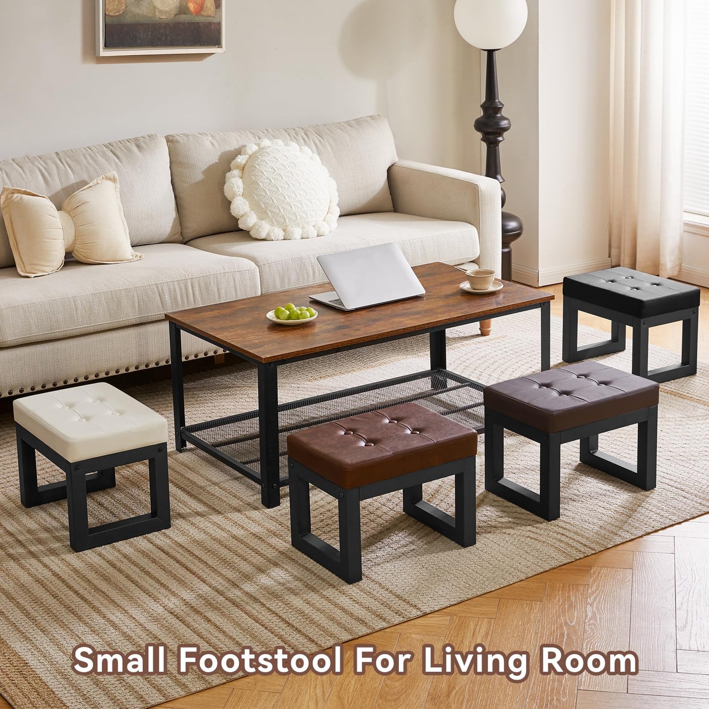 IBUYKE 16 Inch Small Foot Stool Ottoman, Rectangle PU Faux Leather Foot Rest with Padded Seat and Metal Legs, Modern Ottoman Foot Rest for Living Room Bedroom Entryway Couch, Dark Brown WBD026Z