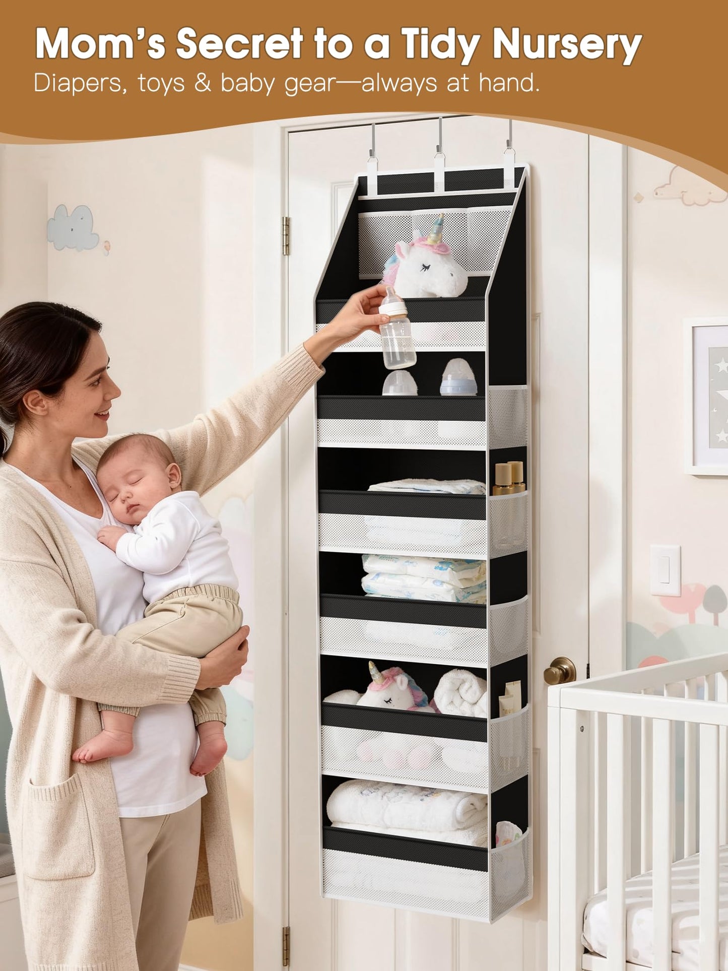 Criusia Over the Door Organizer, Heavy-Duty 6-Shelf Hanging Storage with 13 Mesh Pockets, 55lbs Capacity Behind the Door Storage for Nursery, Bathroom, Bedroom, and Dorm, Black