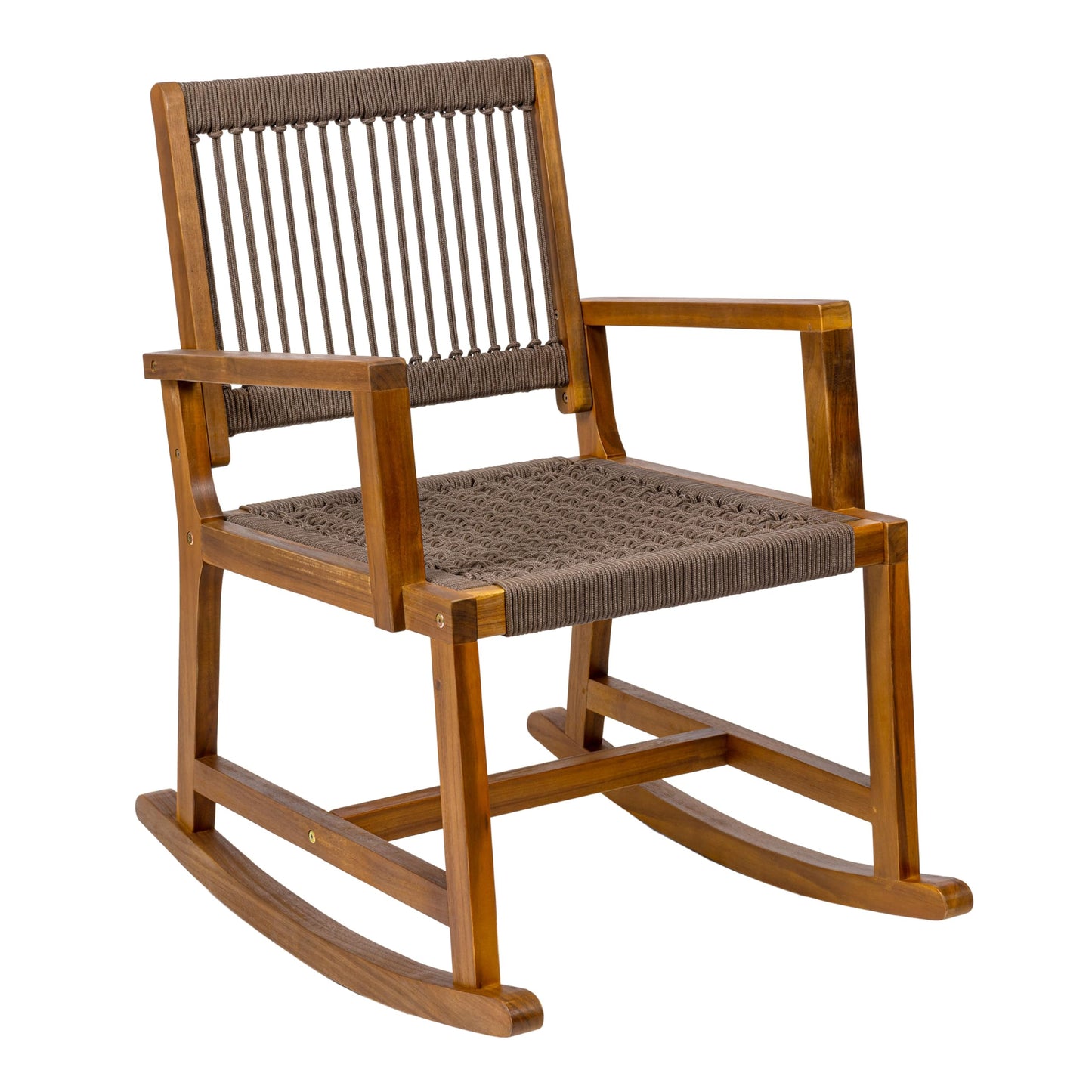 JONATHAN Y Laguna Solid Acacia Wood Outdoor Rocking Chair with Brown Woven Rope, Coastal Porch Rocker for Patio, Balcony and Living Room, 24" x 32" x 38", 352 lbs Capacity RCK103C