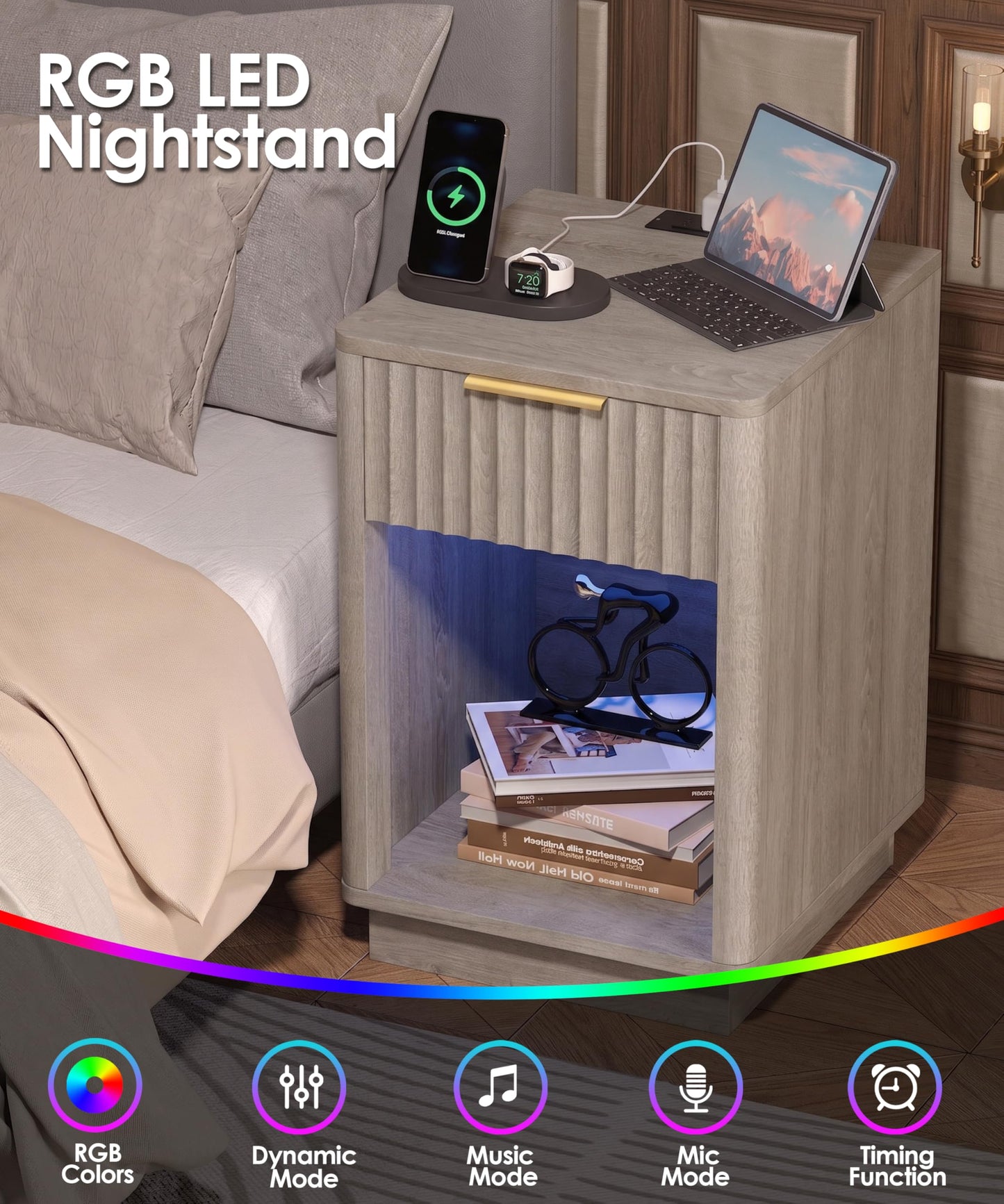 Akxomel Fluted Nightstands Set of 2, Wooden Night Stand with Charging Station and LED Light, Modern Mid Century Bed Side End Table with Drawer, 15" D x 15.7" W x 22.6" H, for Bedroom, Greige