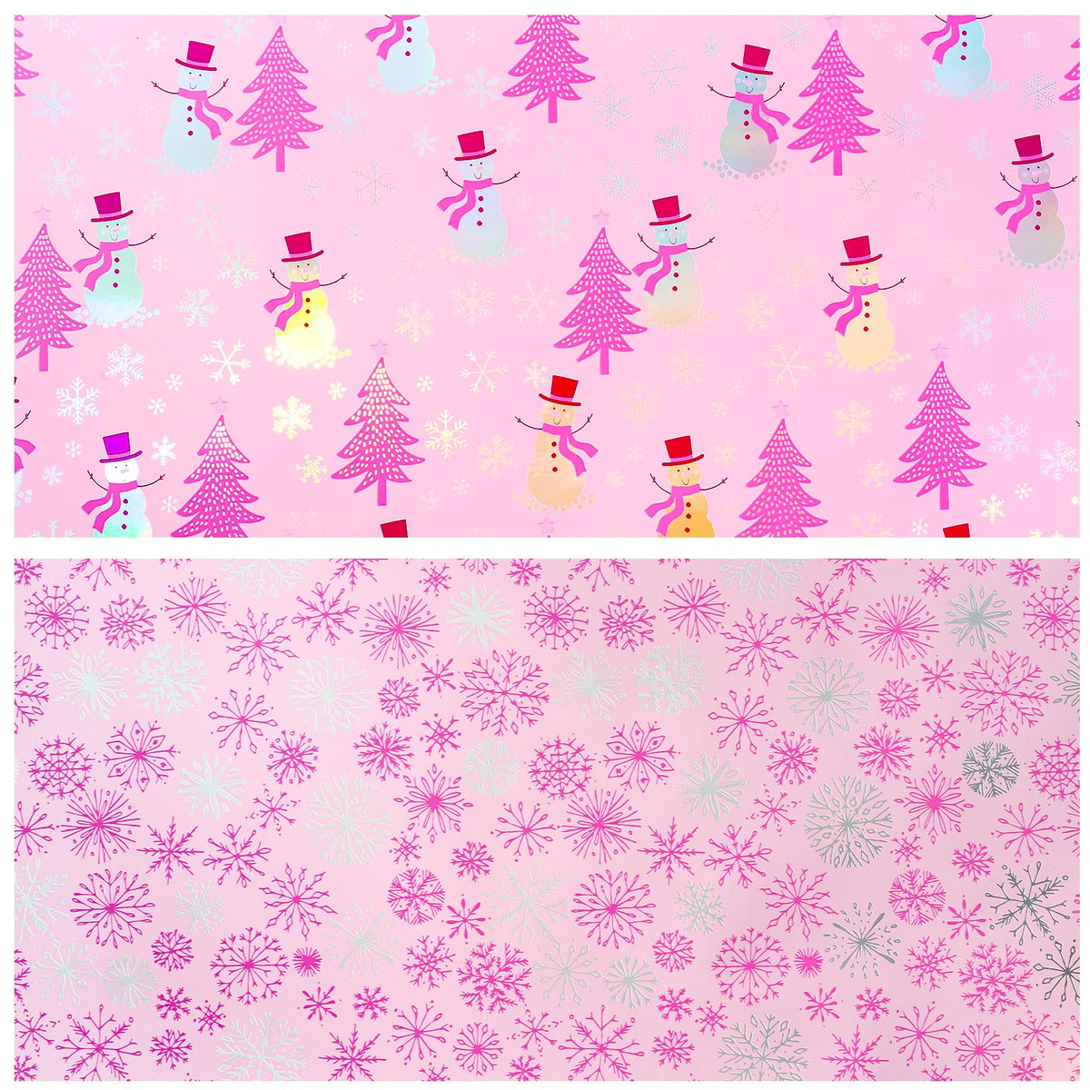 LeZakaa Christmas Pink Wrapping Paper Mini Roll, Snowman Christmas Tree & Snowflake Metallic Foil, Rose Gold Foil Reversible Design for Festive Winter Holiday, Family Gathering, 17 inches x 32.8 Feet