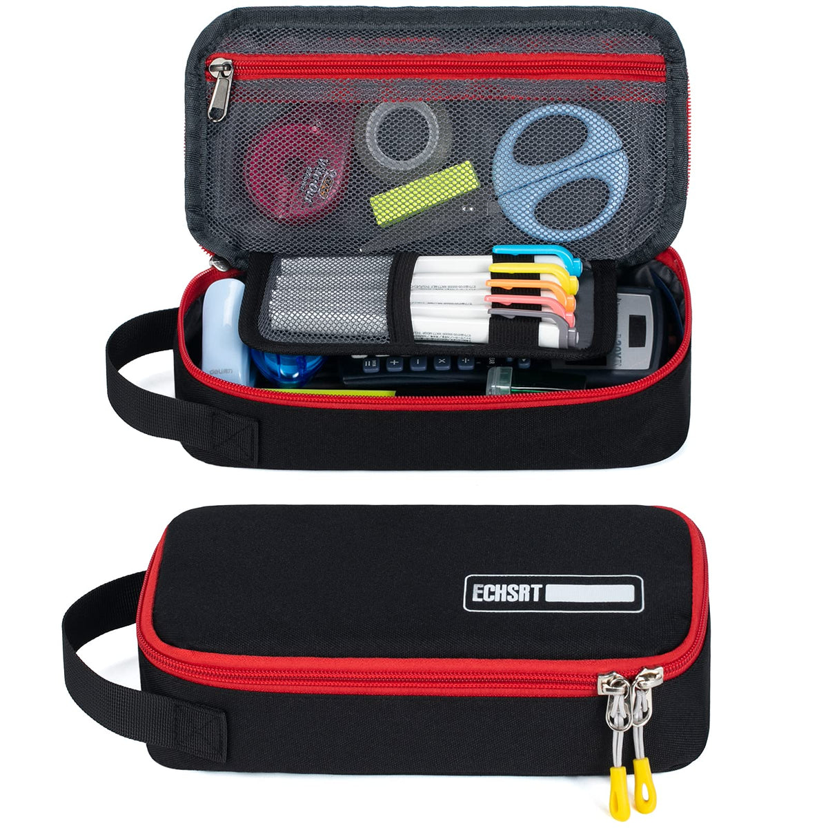 ECHSRT Large Pencil Case, Aesthetic Pen Pouch with Big Capacity, Minimalist Portable Stationery Bag with Handle for Office Organizer Black Pencil Cases