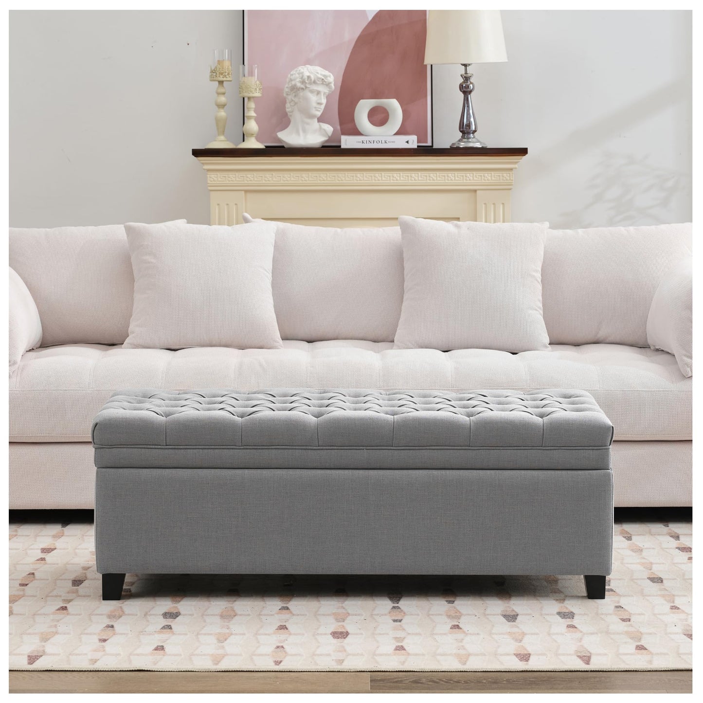 UDAX 51" Storage Ottoman for Bedroom & Living Room, End of Bed Bench with Black Wooden Legs, Linen Upholstered Tufted Ottoman, Entryway Storage Bench, Light Grey