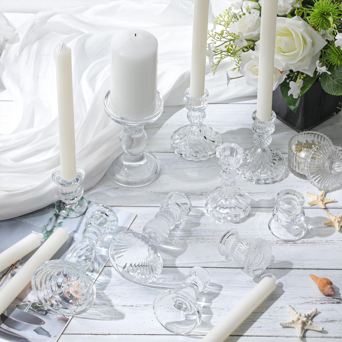 Mumufy 40 Sets Glass Crystal Taper Candle Holders Stand Centerpiece Bulk with 10 in Taper Candles Sticks Clear Decorations Table Wedding Dining Party (Transparent)