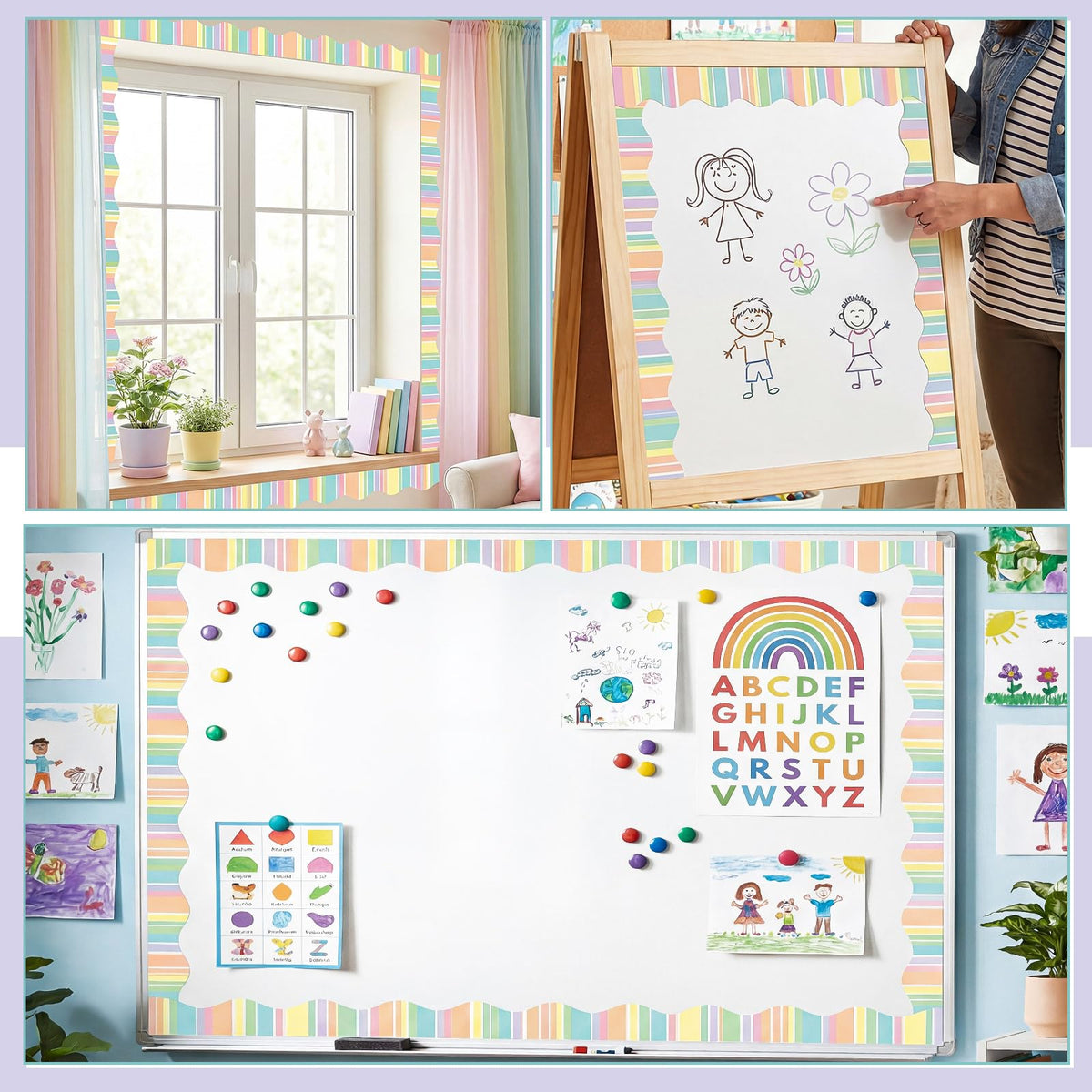 Tenceur 48 ft x 2.76 Inch Magnetic Borders for Whiteboard Decoration, Pastel Vertical Stripes Magnetic Bulletin Board Border Set for Summer Classroom Office Chalkboard Poster Board Decor
