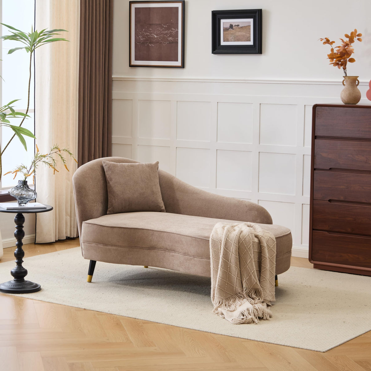 Christopher Knight Home Harlow Velvet Upholstered Chaise Lounge Chair Indoor, Wooden Chaise Lounge Sofa with Accent Pillow, Living Room Lounge Chair with Left Armrest, Camel