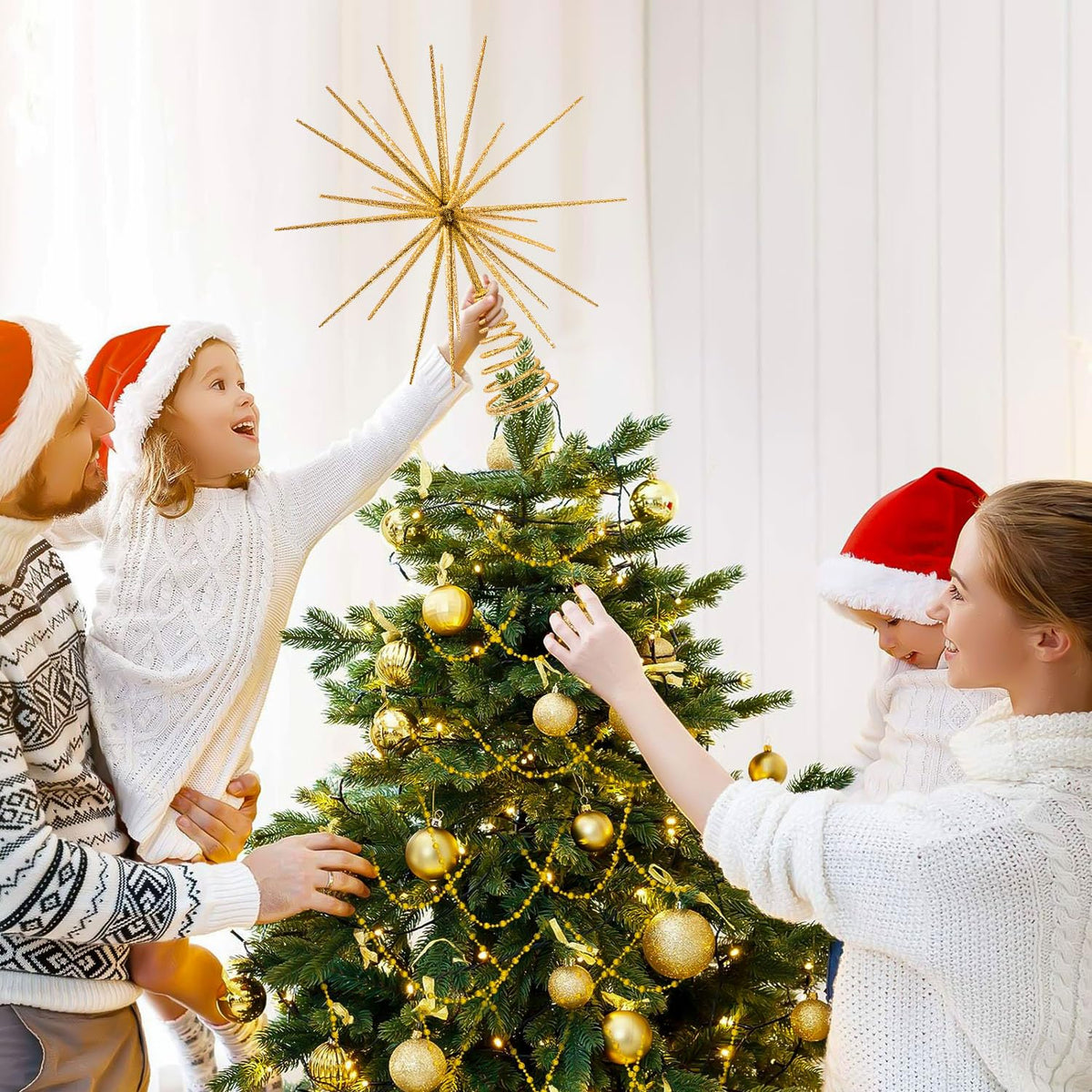 13.7 Inch Gold Christmas Tree Topper - 3D Burst Gold Tree Topper, Exploding Star Christmas Tree New Year Holiday Tree Decoration