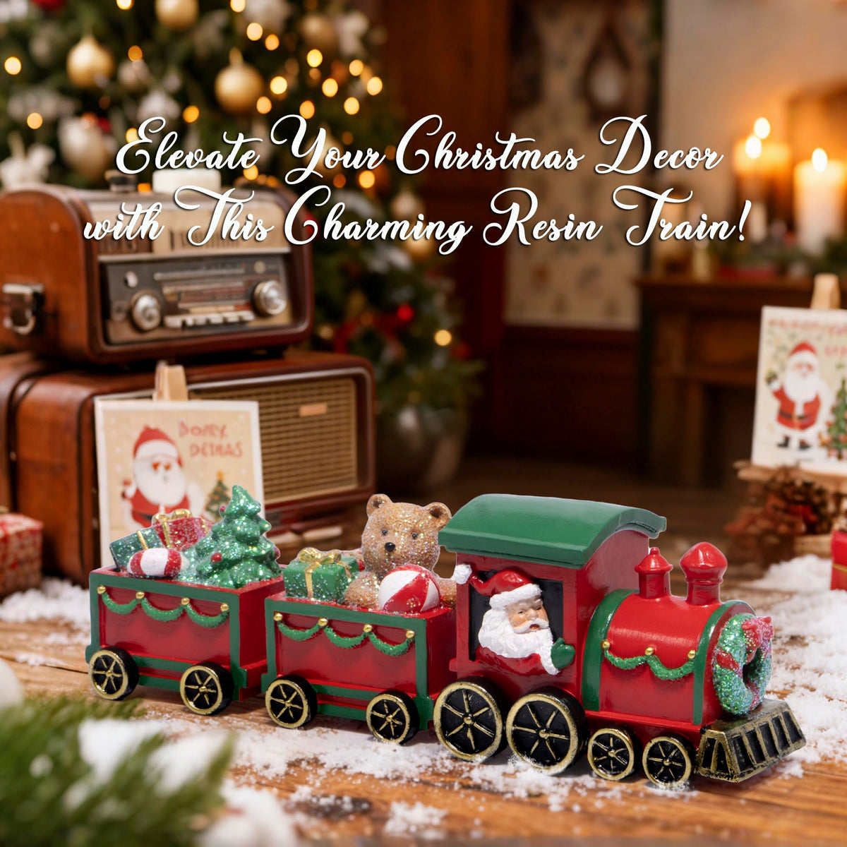 Hodao Christmas Train Decorations – Hand-Painted Resin Santa Claus Gift Train with Teddy Bear, Christmas Tree and Presents, Festive Ornament for Home, Tabletop, Shelf, Mantel, Décor