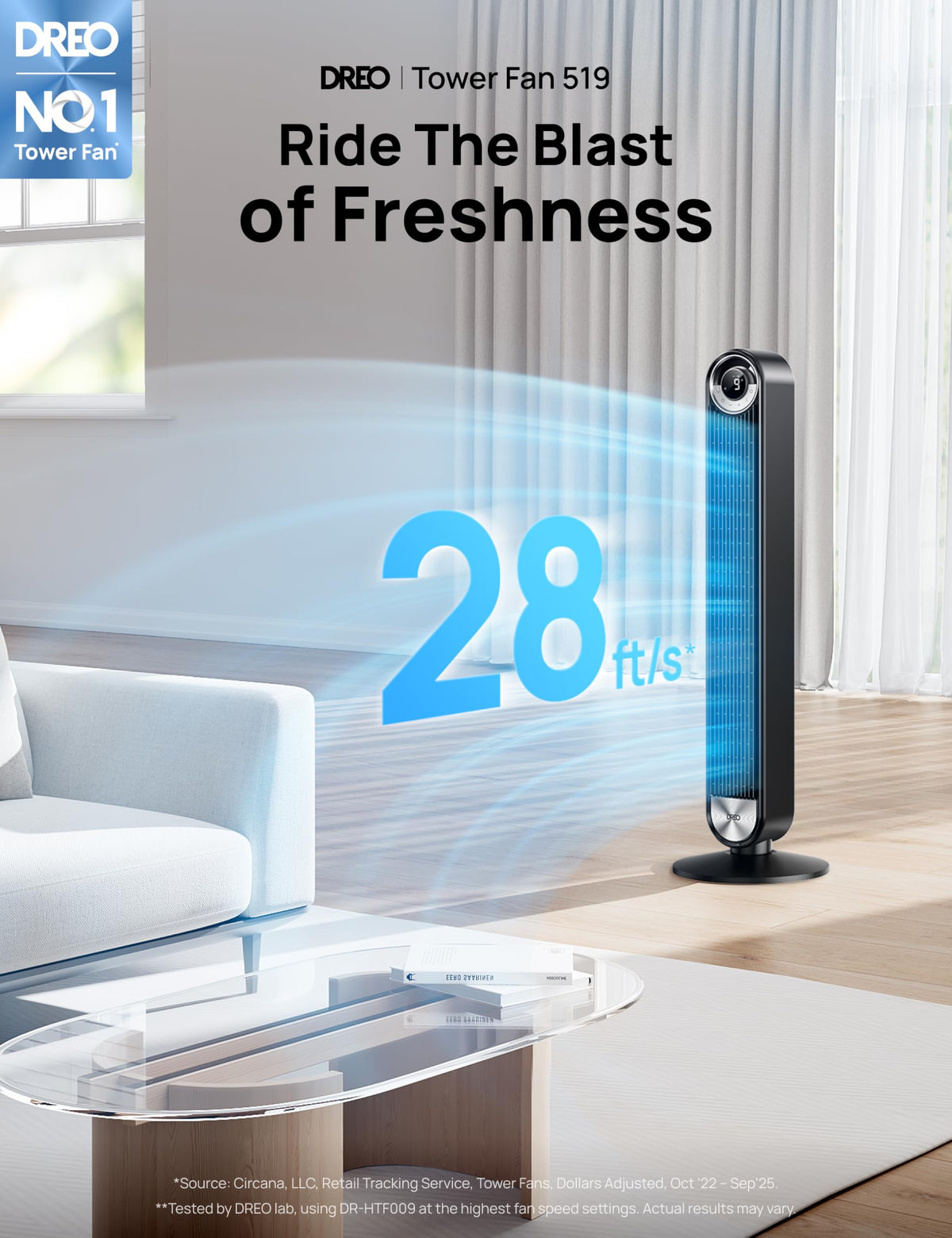 DREO Tower Fan for Bedroom, Upgraded DC 9 Speeds 20dB Ultra-Quiet Floor Fan, 90° Oscillating Fans with 28ft/s Velocity, 12H Timer, Standing Fan, Bladeless Fan Powerful for Home Office Room