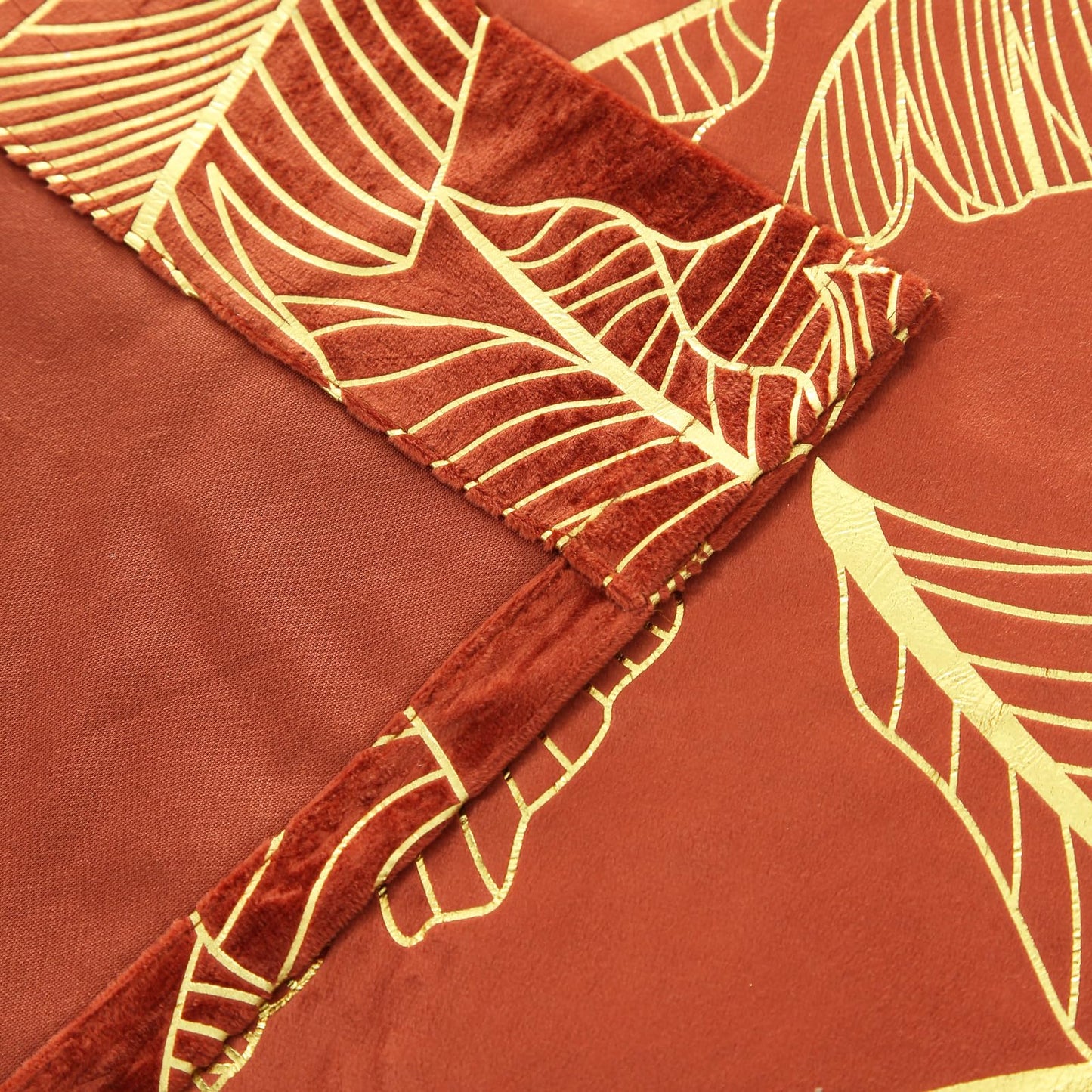 Tootop Burnt Orange Velvet Curtains Leaf Gold Foil Print 63" Long Soft Shiny Thick Fabric Insulated Blackout 70% Decorative Luxury Living Room Elegant Bedroom Rod Pocket 2 Panel (52" W x 63" L)