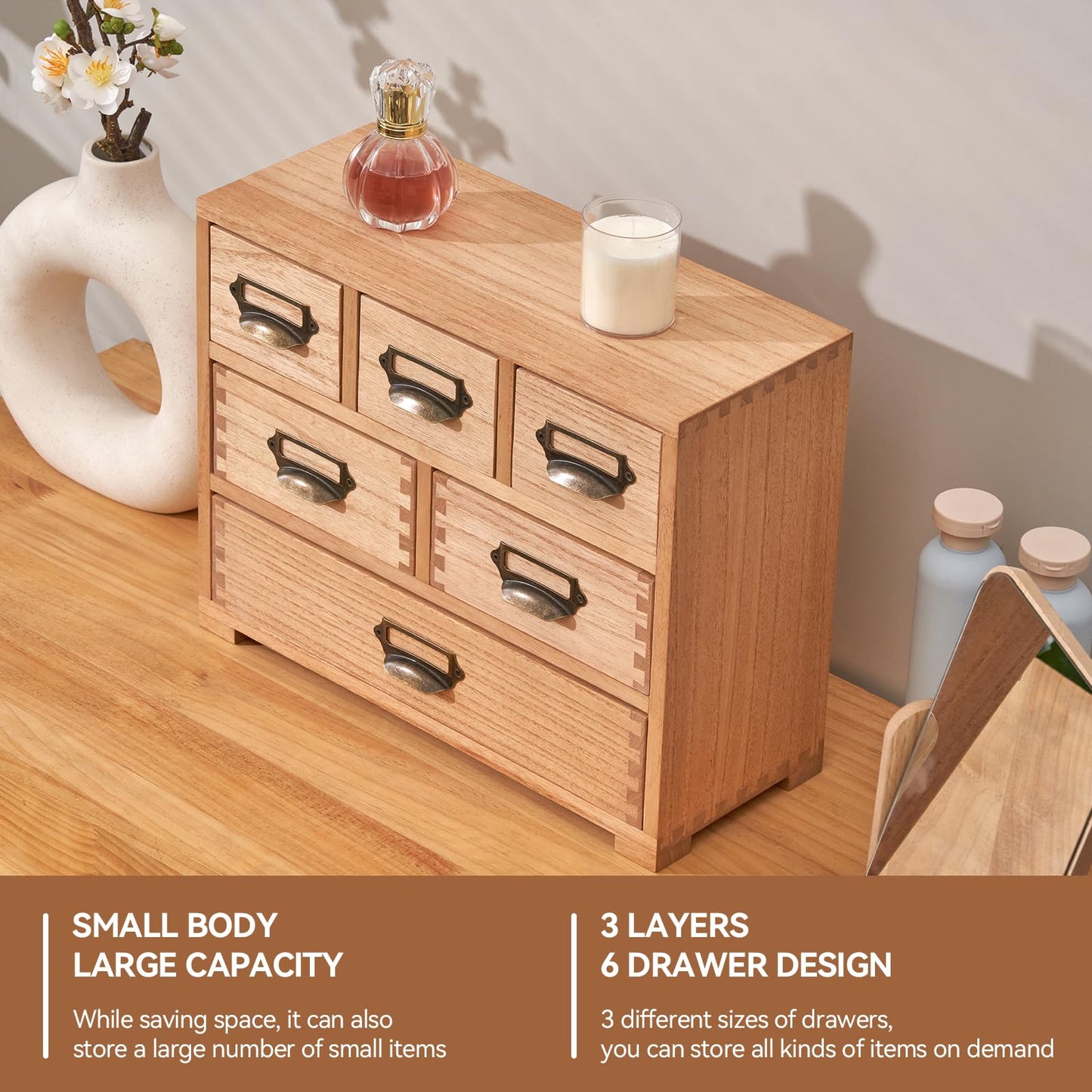 KIRIGEN Wood Desk Drawer Cabinet Organizer, 6-Drawer Mini Storage Chest with Metal Label Holder Handles, Fully Assembled Desktop Organizer for Office Supplies, Crafts, Makeup, Natural 3D6CG-NA