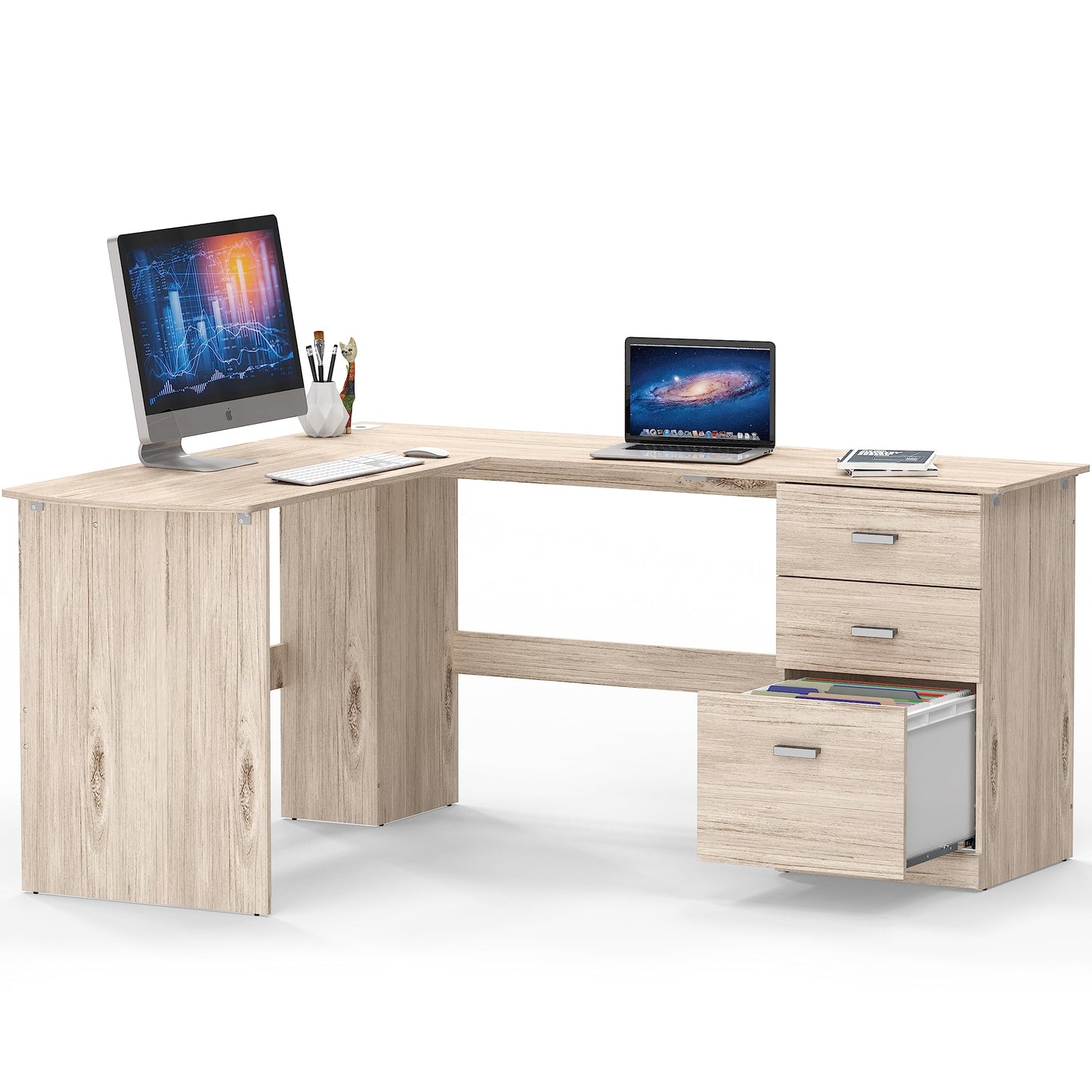 SHW 51 x 59 Inches L-Shaped Home Office Wood Corner Desk with Box Box File Drawers, Maple