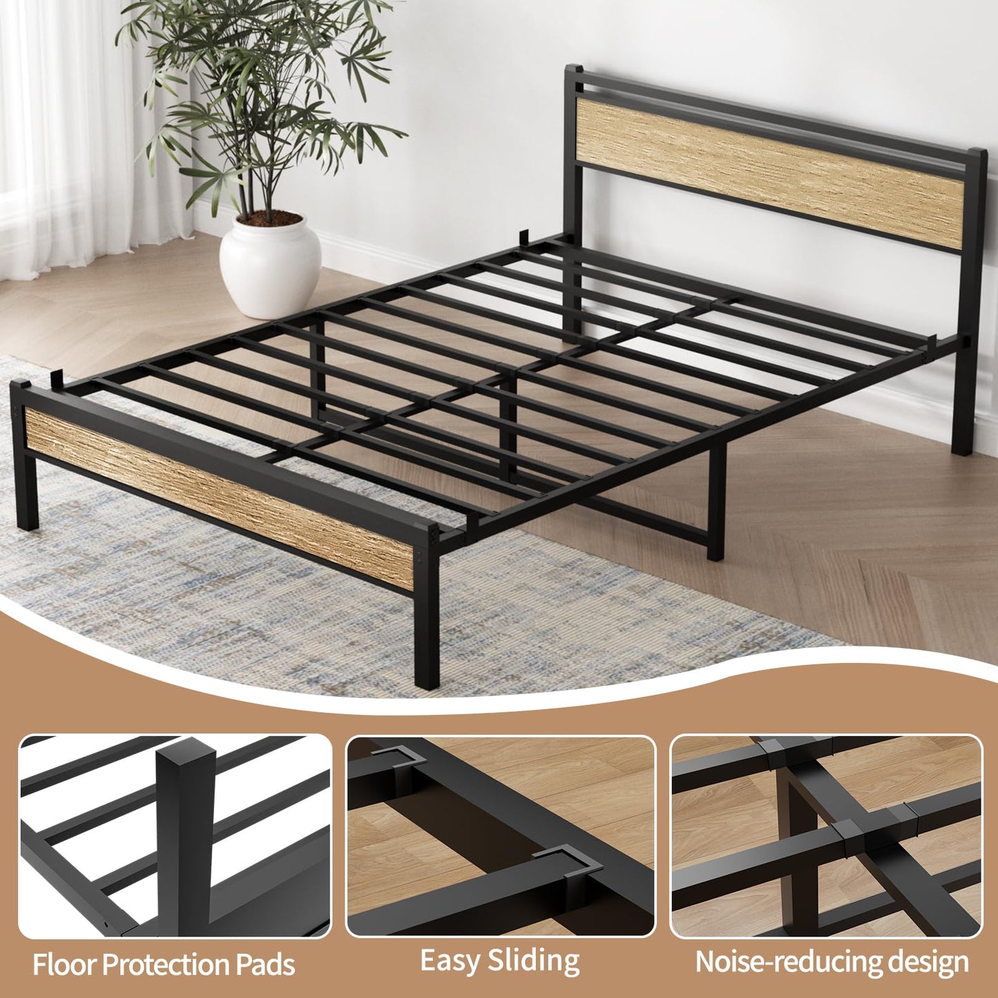 Easy Install 16 Inch Queen Size Bed Frame,Metal Platform Bed Frame with Wooden Headboard and Footboard,Mattress Foundation,Large Under Bed Storage,No Box Spring Needed,Non-Slip Without Noise,Walnut