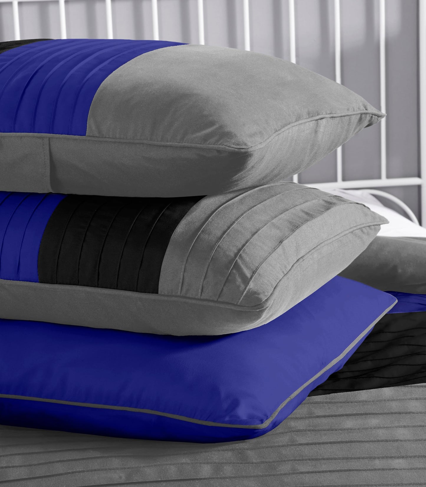 Chezmoi Collection Loft 8-Piece Oversized King Comforter Set, Gray/Blue/Black Luxury Striped Bedding for All Season