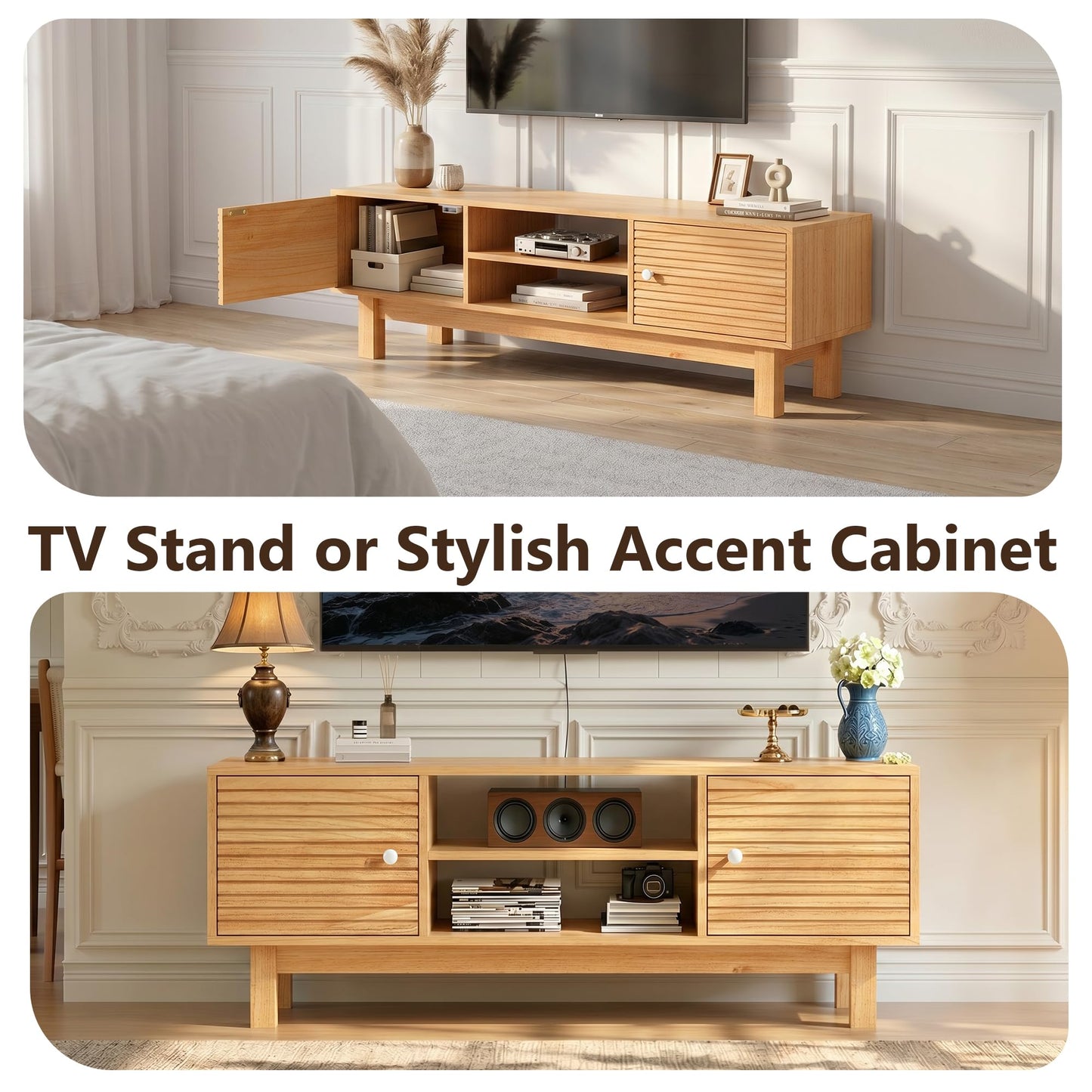 YOSHOOT Mid Century TV Stand for 55 inch TVs, Modern Entertainment Center with Storage Cabinets, Solid Wood Media Console with Open Shelves for Living Room & Bedroom, Natural