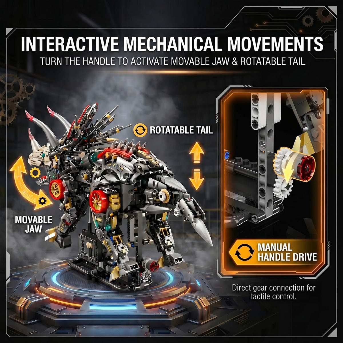 Myth Qholve Mechanical Triceratops Building Set with LED Lights, Engine & Generator, Remote Control Drive, Display Stand, Movable Gears, Large Scale RC Dinosaur Model for Home Office Decor, 1100+PCS