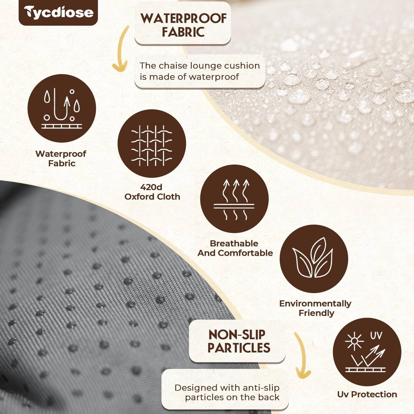 Tycdiose Outdoor Chaise Lounge Chair Cushion Waterproof 74.4 x 22 x 4.7 Inches Memory Foam Lounge Chair Cushions Replacement for Outdoor Furniture with Ties, Thickened Pool Lounge Chair Cushion, Beige