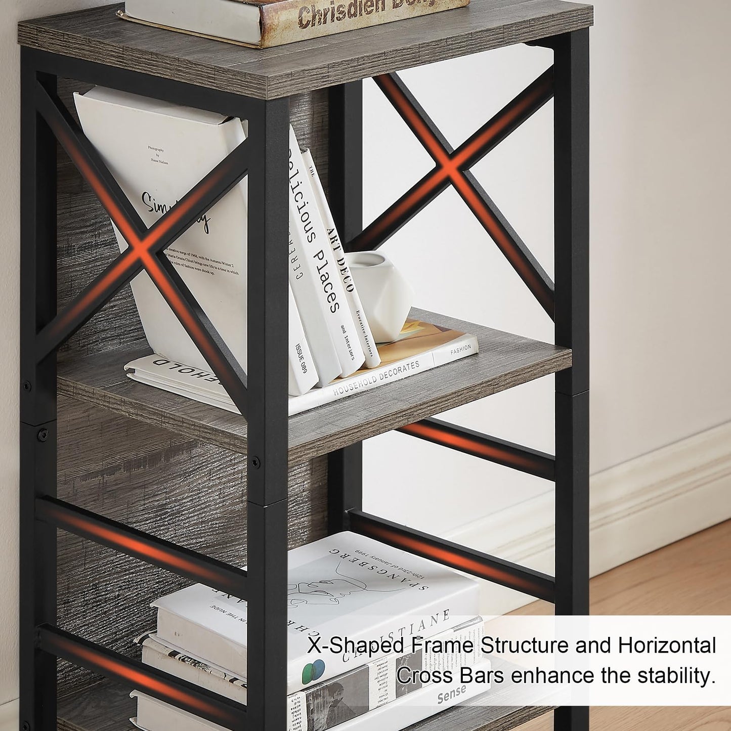 MNEETRUNG Small Bookcase,3 Tier Industrial Bookshelf with Metal Frame and Backboard,Low Grey Book Shelf,Book case for Small Spaces,Living Room,Bedroom and Home Office