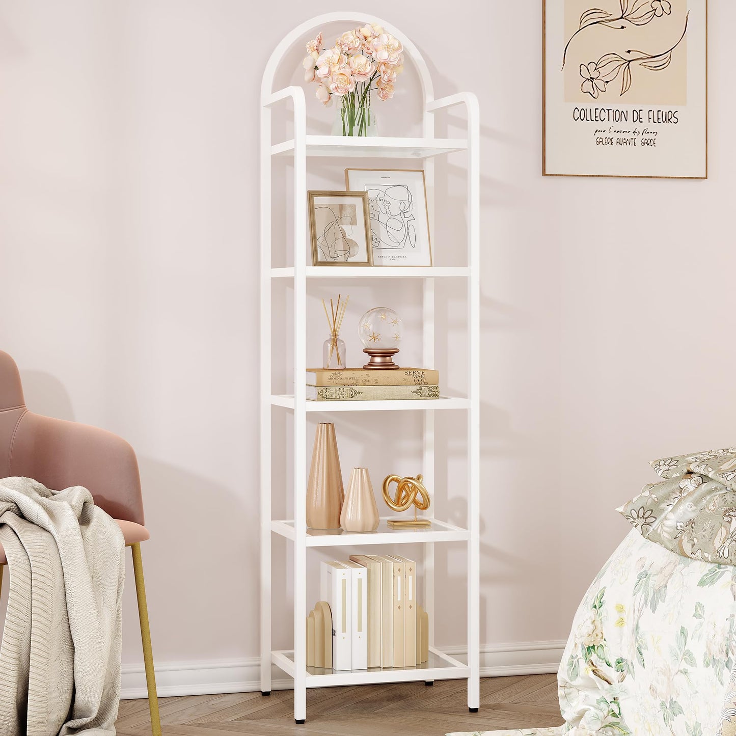 Hzuaneri Bookcase Bookshelf, Tempered Glass Bookshelves, Slim Shelving Unit for Bedroom, Bathroom, Home Office, Steel Frame, 5 Tier White BC05099W