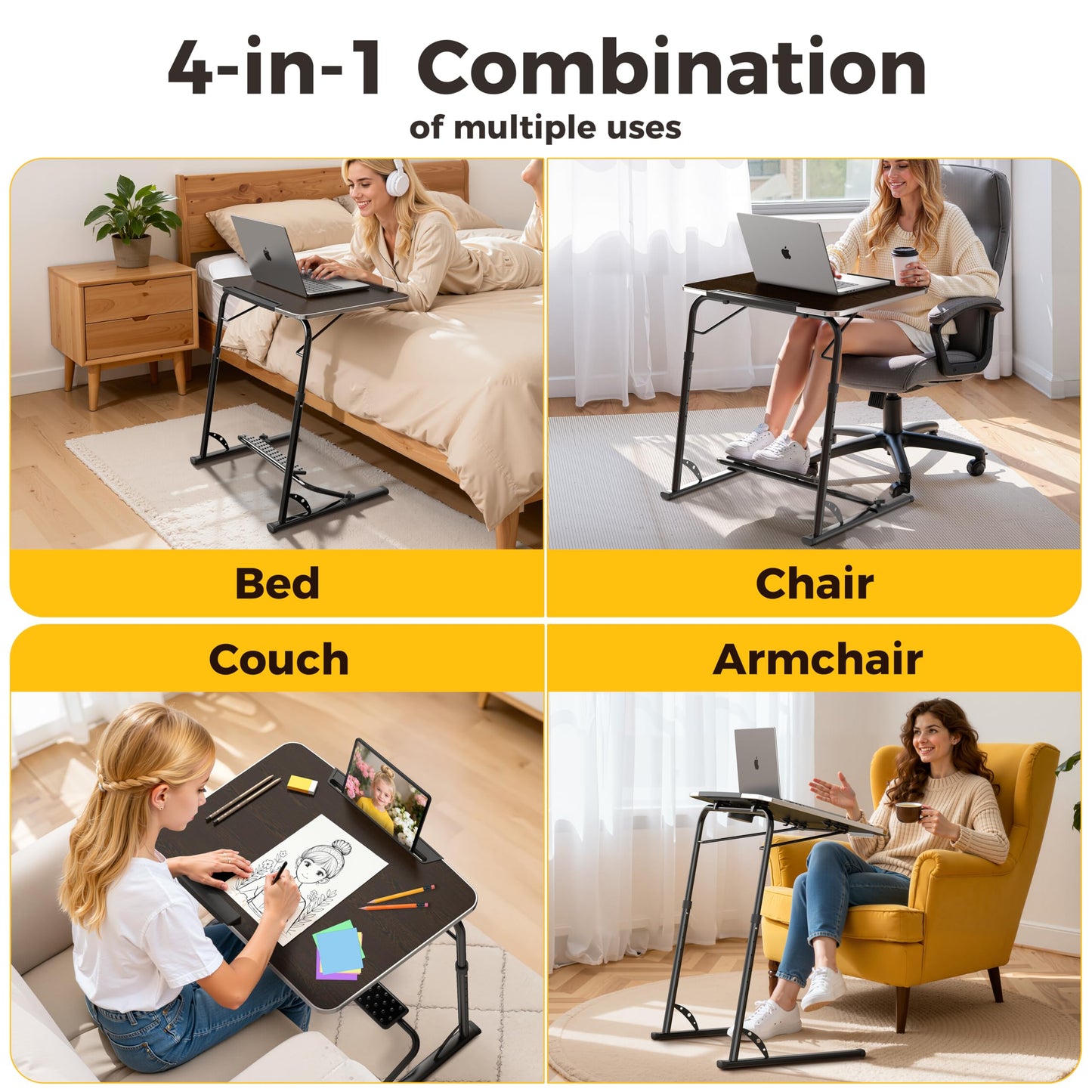 FoldWise Upgraded Folding TV Tray Table - Extra Large & Sturdy Laptop Table for Couch, Height & Angle Adjustable Desk for Dinner, Work & TV - Includes Footrest, Cup Holder, iPad Holder & Edge Stopper