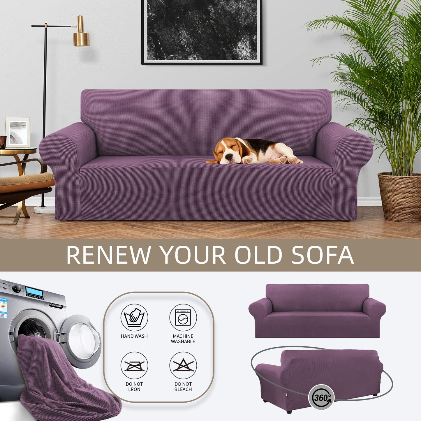 KEKUOU Stretch Sofa Cover Slipcover ，Couch Covers for 3 Cushion Couch Sofa pet Friendly (78"-94") Furniture Protector Sofa with Elastic Bottom for Kids,Dog, Jacquard Small Checked(Large,Dark Purple)