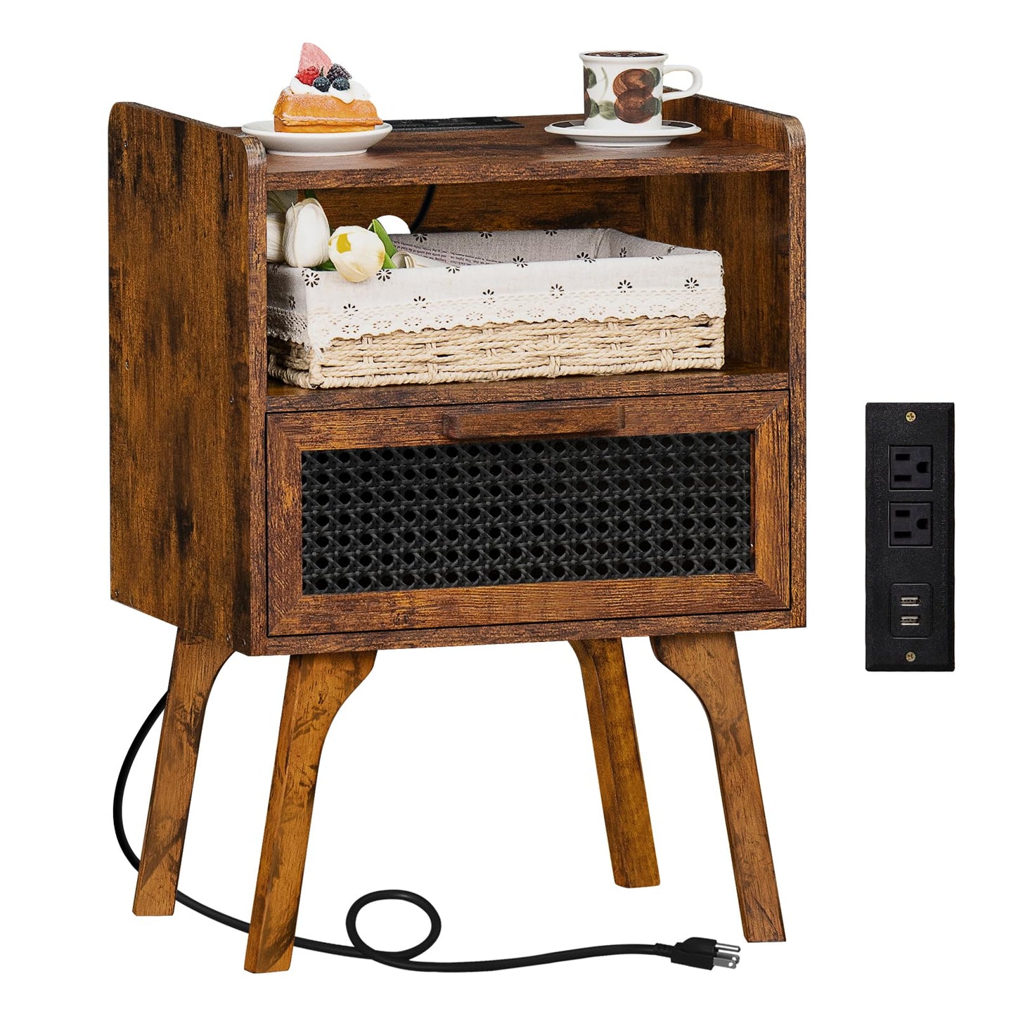 Lerliuo Rattan Nightstand with Charging Station, Side Table with Drawer Open Shelf, Cane Accent Bedside End Table with Solid Wood Legs, Night Stand for Bedroom, Dorm and Small Spaces (Brown)