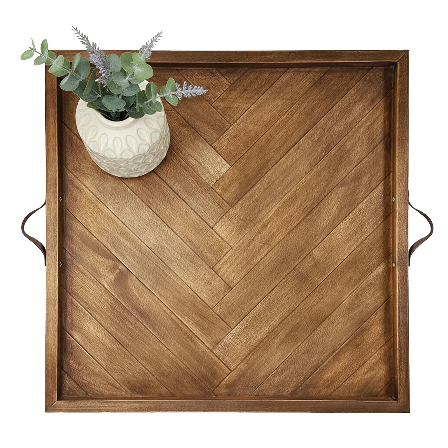Large Square Ottoman Tray 24.5"x24.5", Wooden Ottoman Trays with Leather Handles, Rustic Decorative Storage Tray for Ottoman