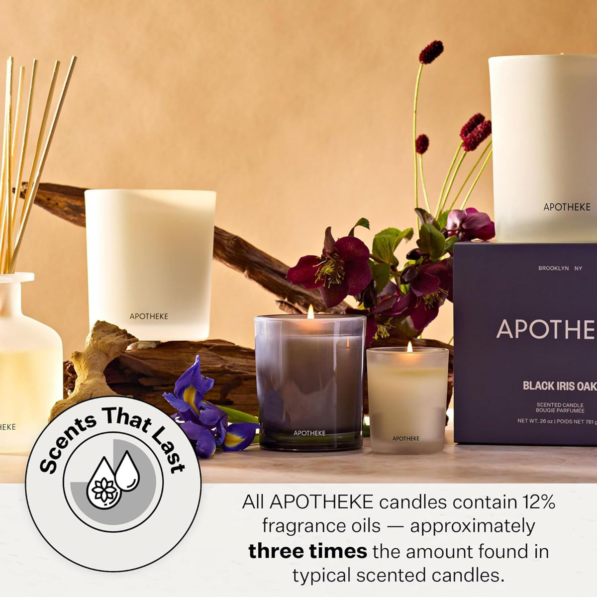 Apotheke 3-Wick Scented Candles for Home, Black Iris Oak - 26 oz Soy Wax Aromatherapy Jar Candle Gift for Women & Men with Perfume-Grade Essential Oils - Black Pepper, Cinnamon, Musk & Violet