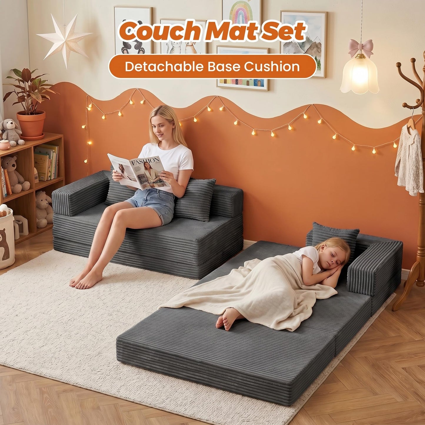 feliz home 6-in-1 Tri-Folding Mattress | Cloud Boneless L-Shaped Modular Sectional Couches | Corduroy Pet-Friendly Convertible Futon Sofa Bed with 800LB Capacity Apartment, Guest Room, Game Room