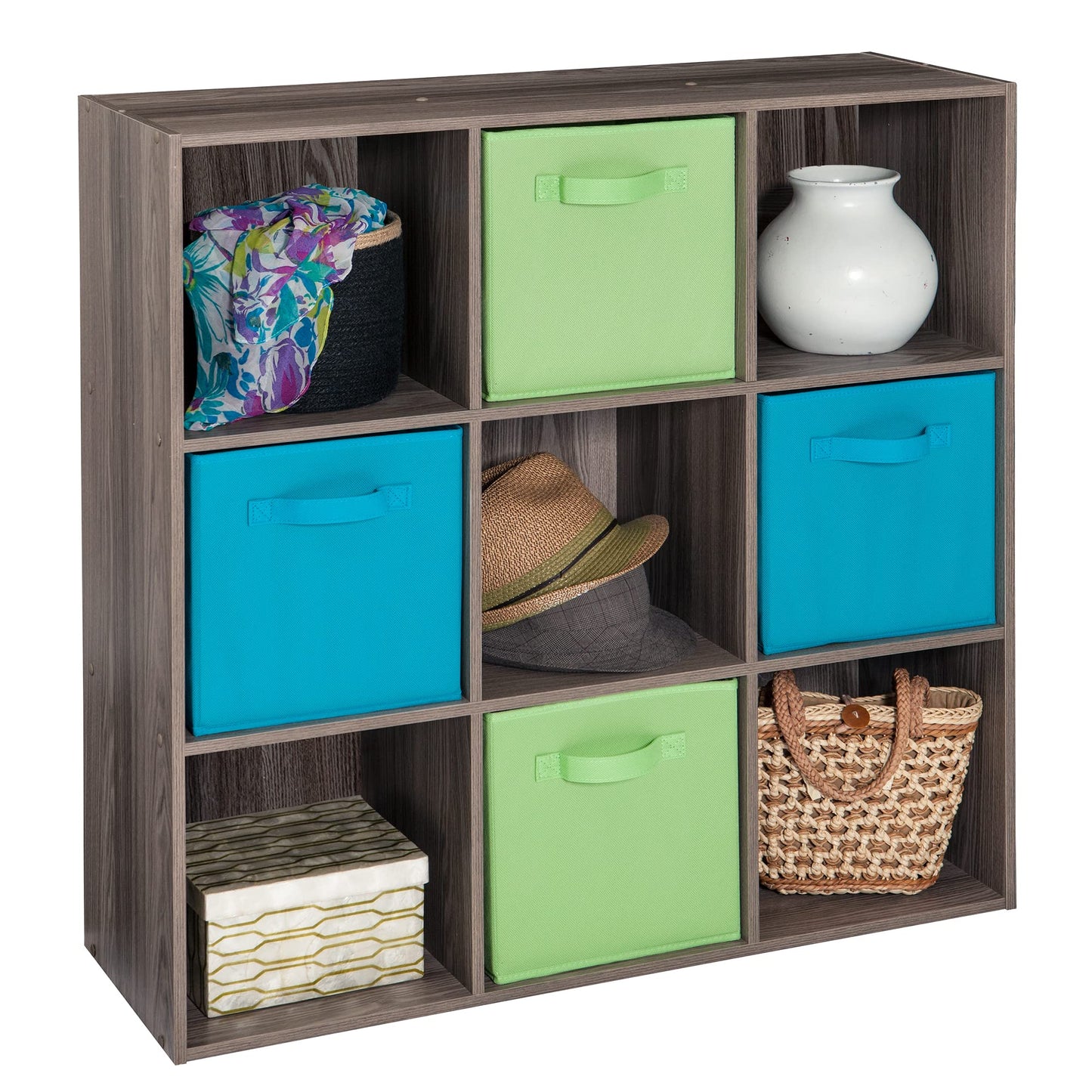 ClosetMaid Cubeicals 9 Cube Storage Shelf Organizer Bookshelf, Stackable, Square Shape, Easy Assembly, Wood, Natural Gray Finish