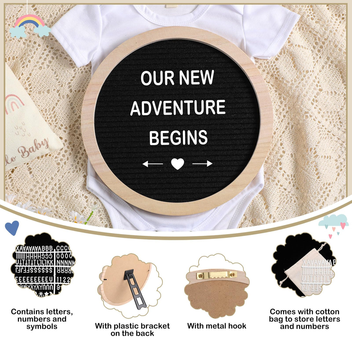 Canlierr 8 Pcs Pregnancy Announcement Set Pregnancy Reveal Ideas Include Felt Letter Round Board Kit Baby Bodysuit Booties Wood Blocks Wooden Signs for Coming Soon Baby Announcement(Black)