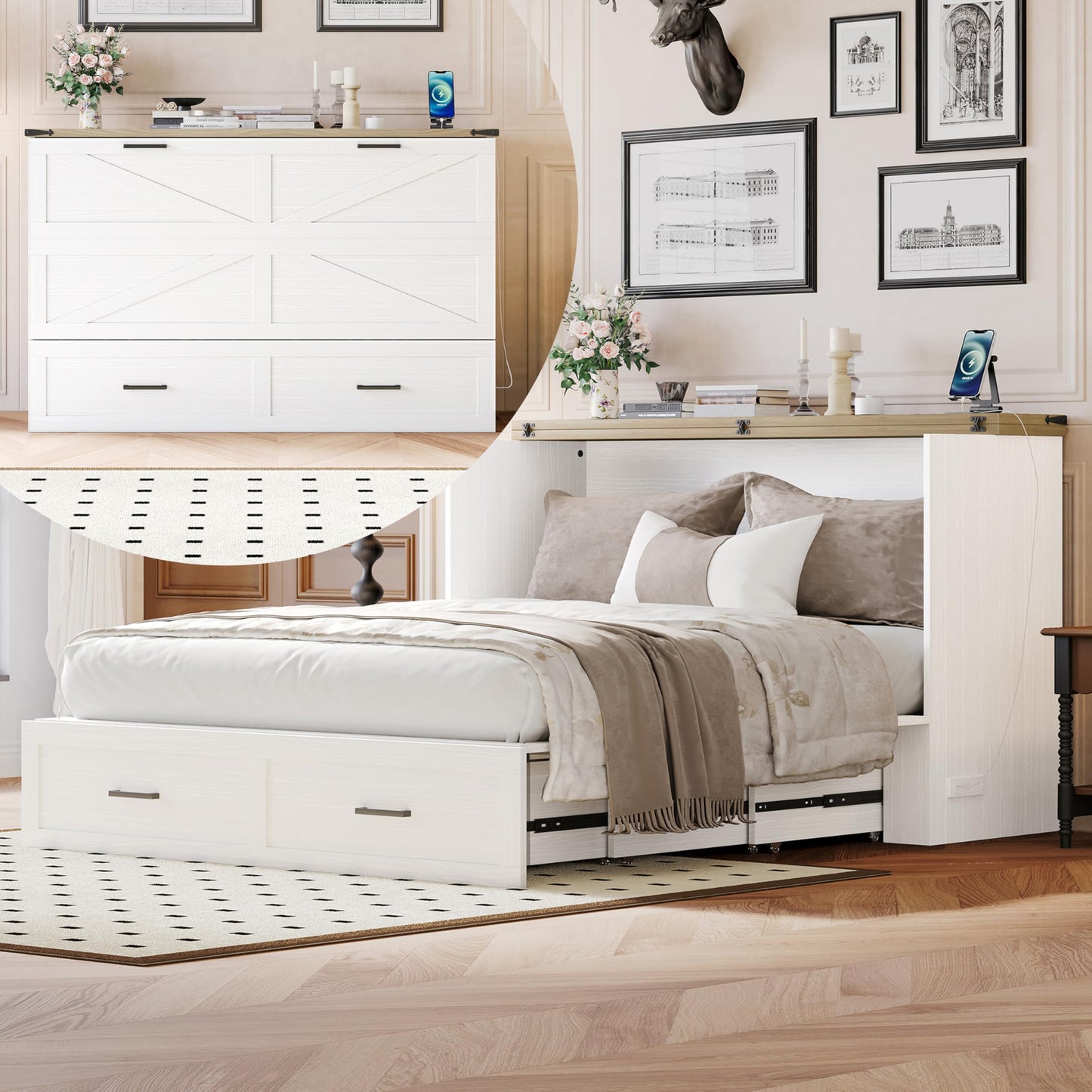 BOVTE White Farmhouse Queen Murphy Cabinet Bed with Charging Station, Foldable Platform & Large Storage Drawer for Guest Rooms