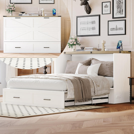BOVTE White Farmhouse Queen Murphy Cabinet Bed with Charging Station, Foldable Platform & Large Storage Drawer for Guest Rooms