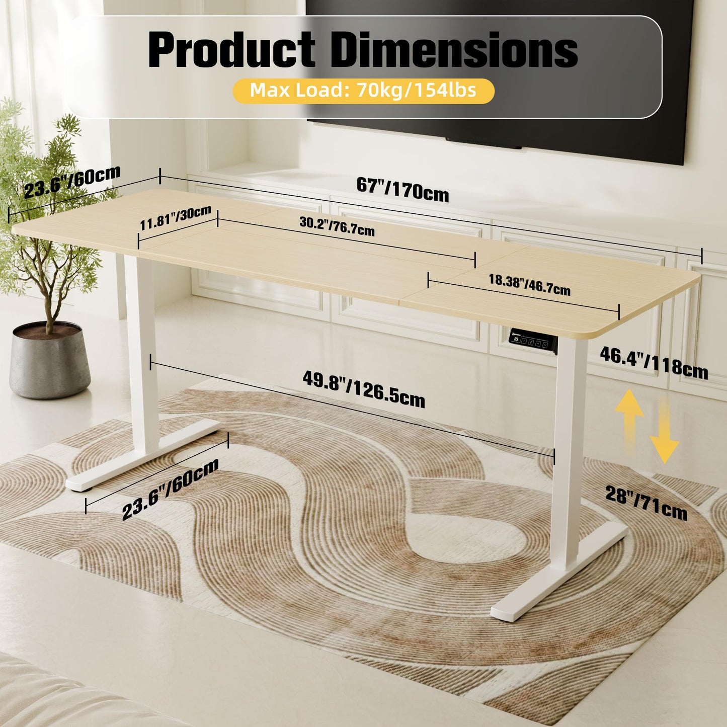 ERGOMAKER Electric Standing Desk, 67" x 23.6" Height Adjustable Sit Stand Desk with Splice Board for Home Office, Computer Desk Memory Preset (White Frame, Gold Oak Desktop)